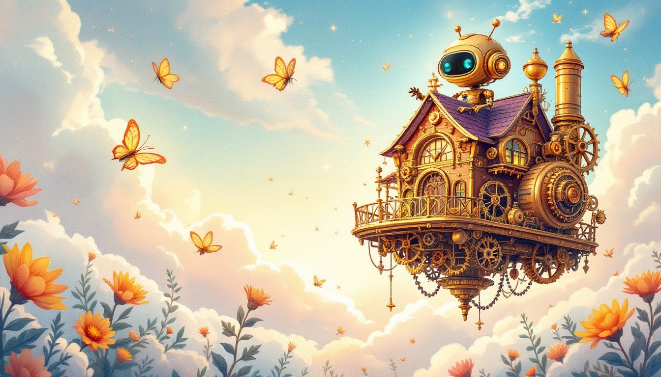 1344x768 Download Steampunk Flying House Image, Whimsical, Robot