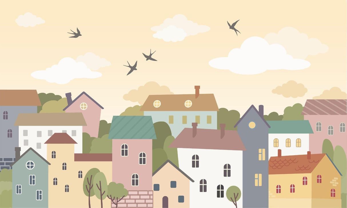 1214x728 Village Mural Wallpaper. Pastel Houses With Flying Birds