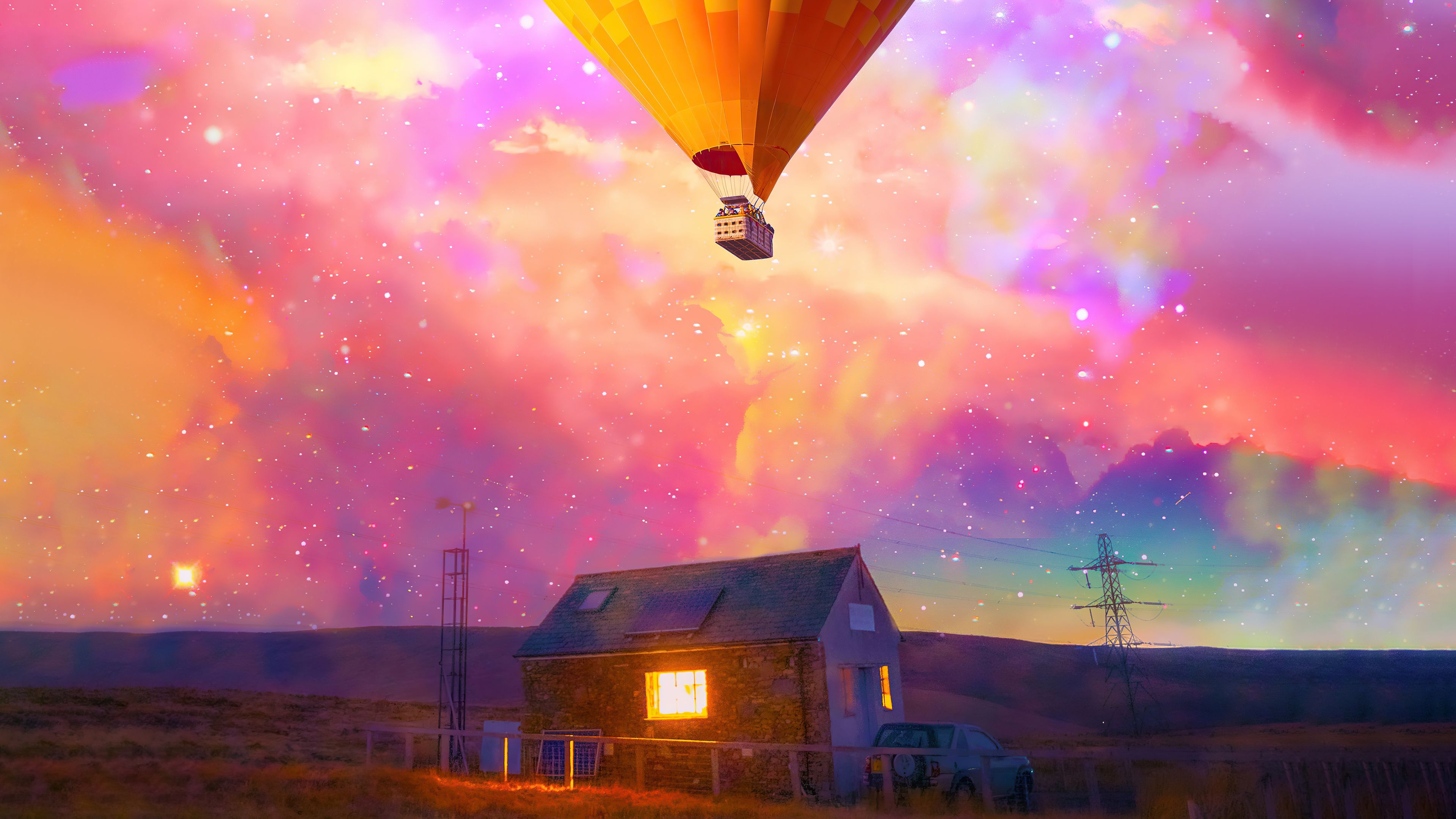 3840x2160 Hot Air Balloon Flying Over House Google Pixel 7 , HD 4k Wallpaper, Image, Background, Photos and Picture