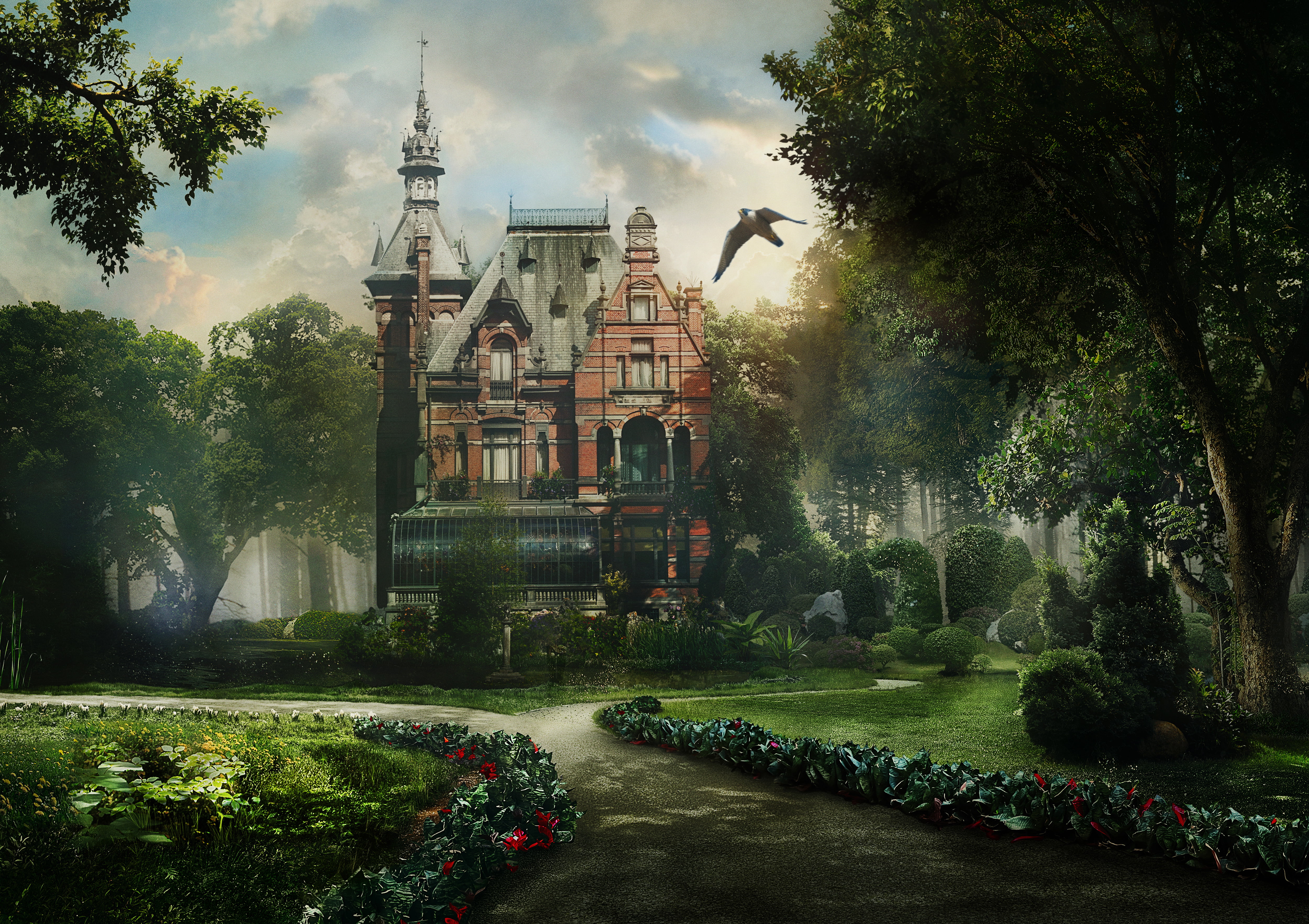 5000x3529 Bird flying above castle during daytime HD wallpaper