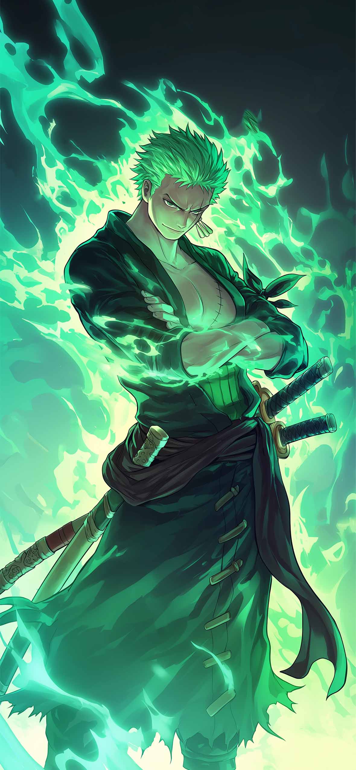 1180x2554 Ronin Flare Zoro Green Flame Wallpaper Piece Wallpaper