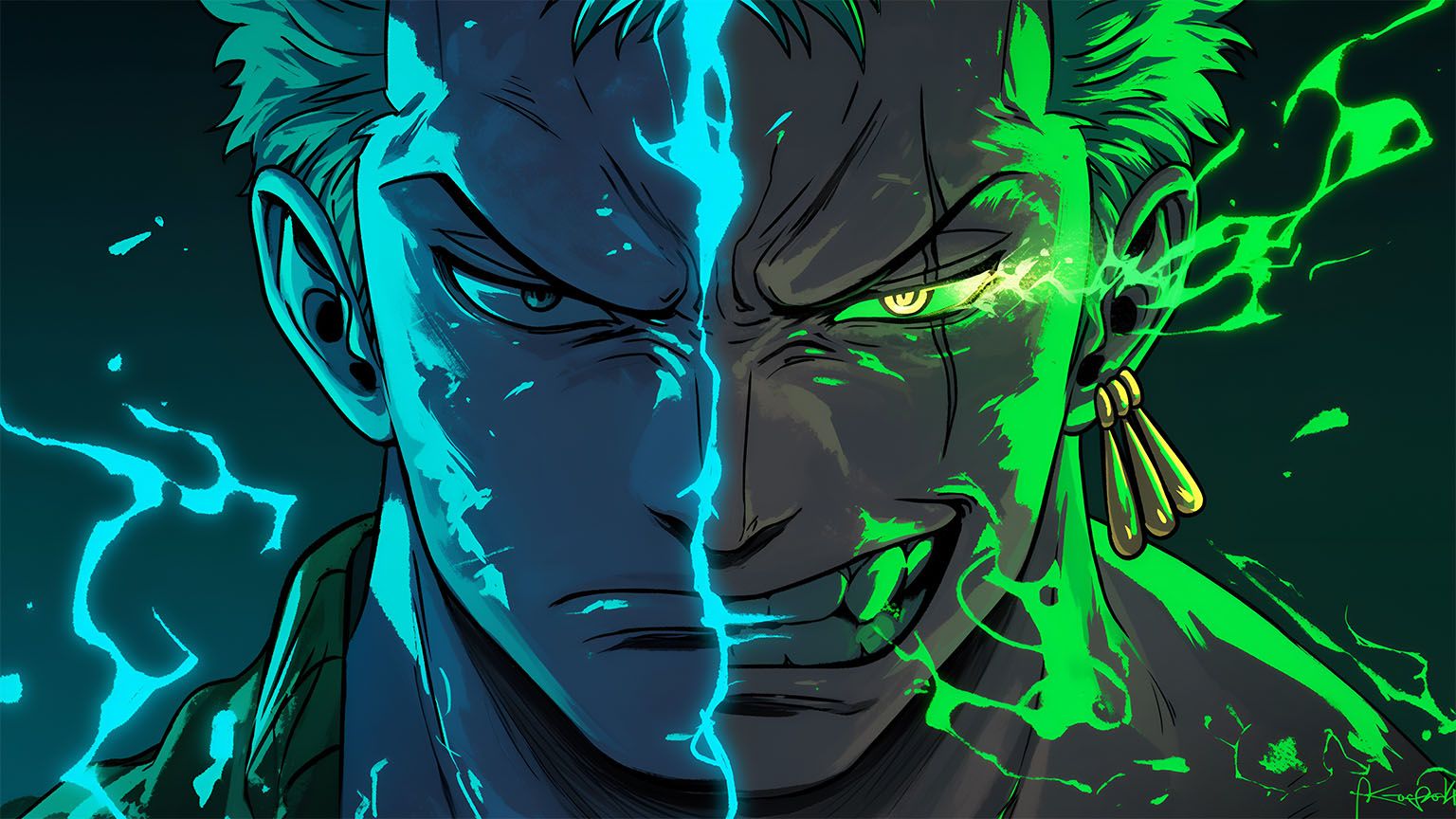 1536x864 One Piece Zoro Split Face Desktop Wallpaper in 4K