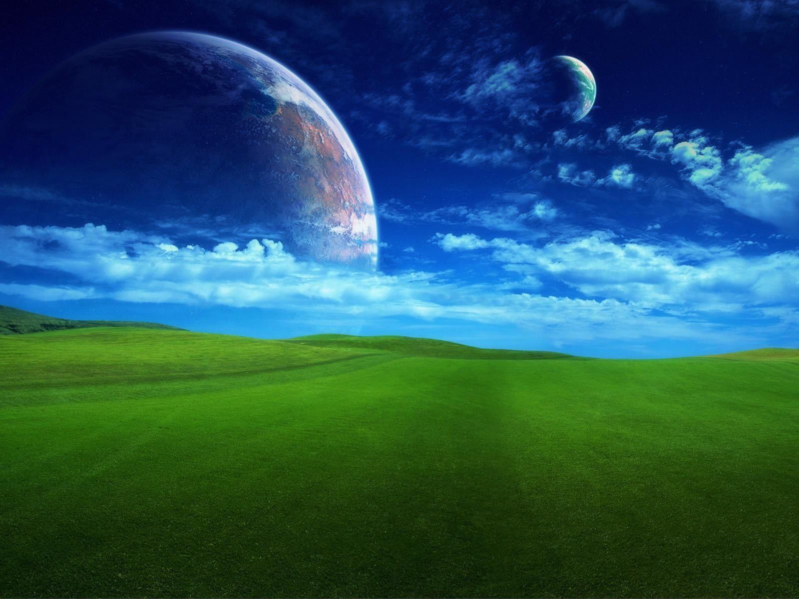 1600x1200 Grass field, planet, Windows XP, digital art, sky HD wallpaper