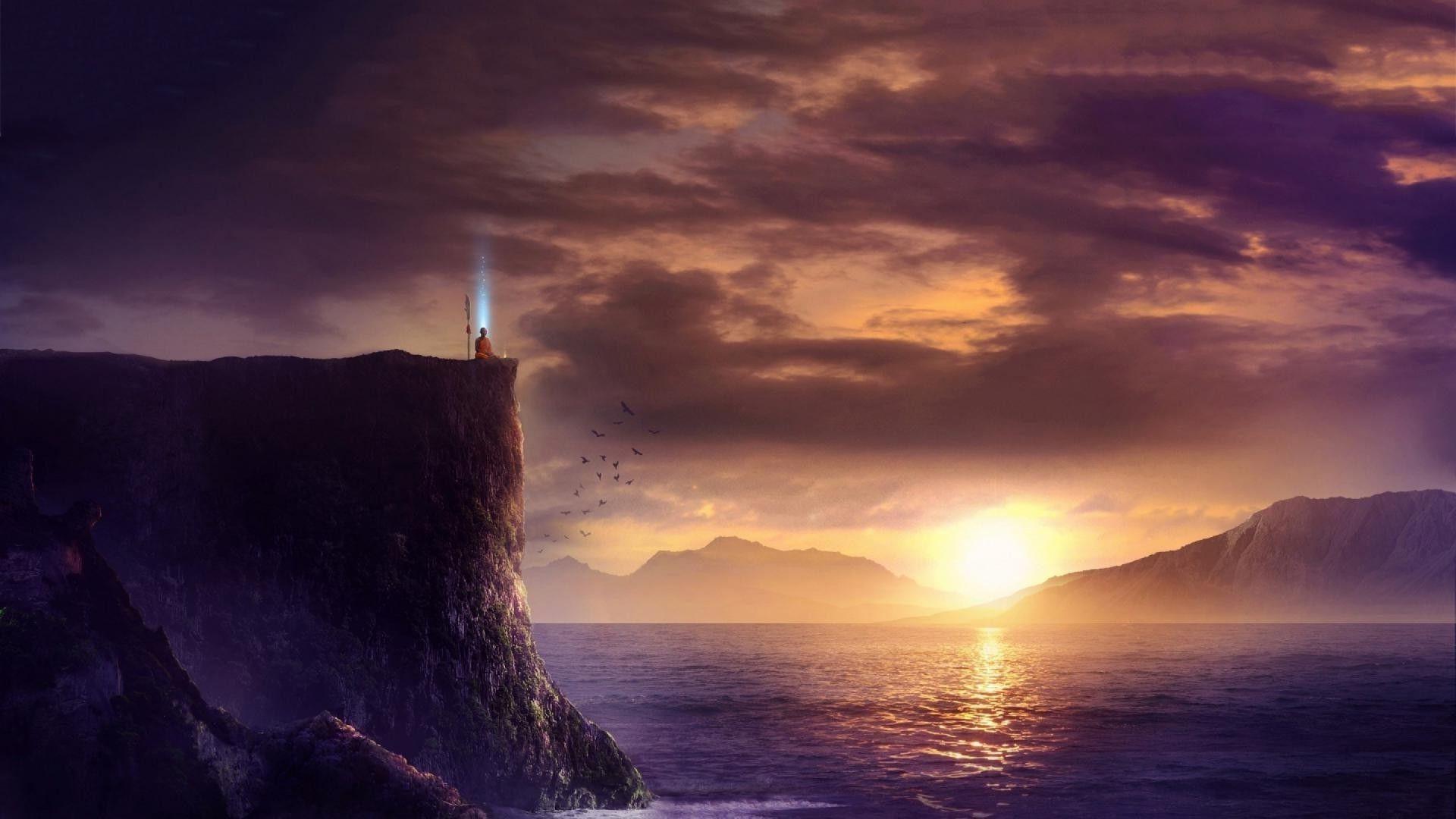 1920x1080 artwork, Fantasy Art, Monk, Monks, Meditation, Landscape, Sunset, Sun, Sea, Hill, Cliff Wallpaper HD / Desktop and Mobile Background
