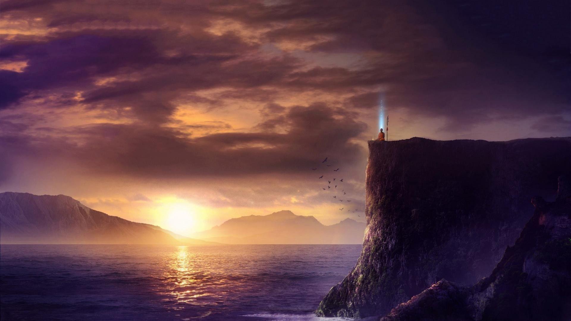 1920x1080 #artwork, #landscape, #hills, #meditation, #sunset, #sea, #Sun, #cliff, #monks, wallpaper