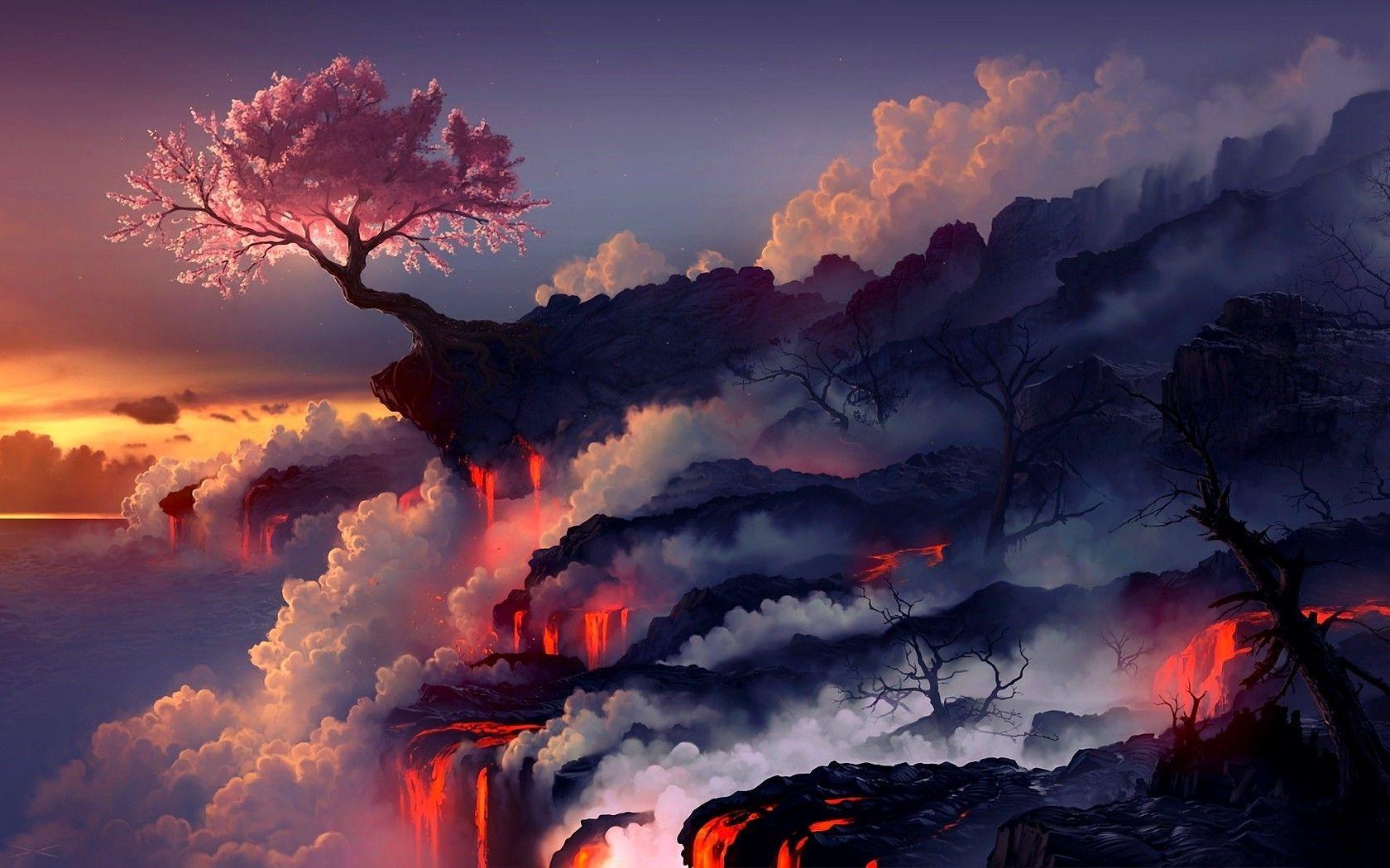Premium AI Image  A cartoon image of a volcano eruption smoke and lava  flow background