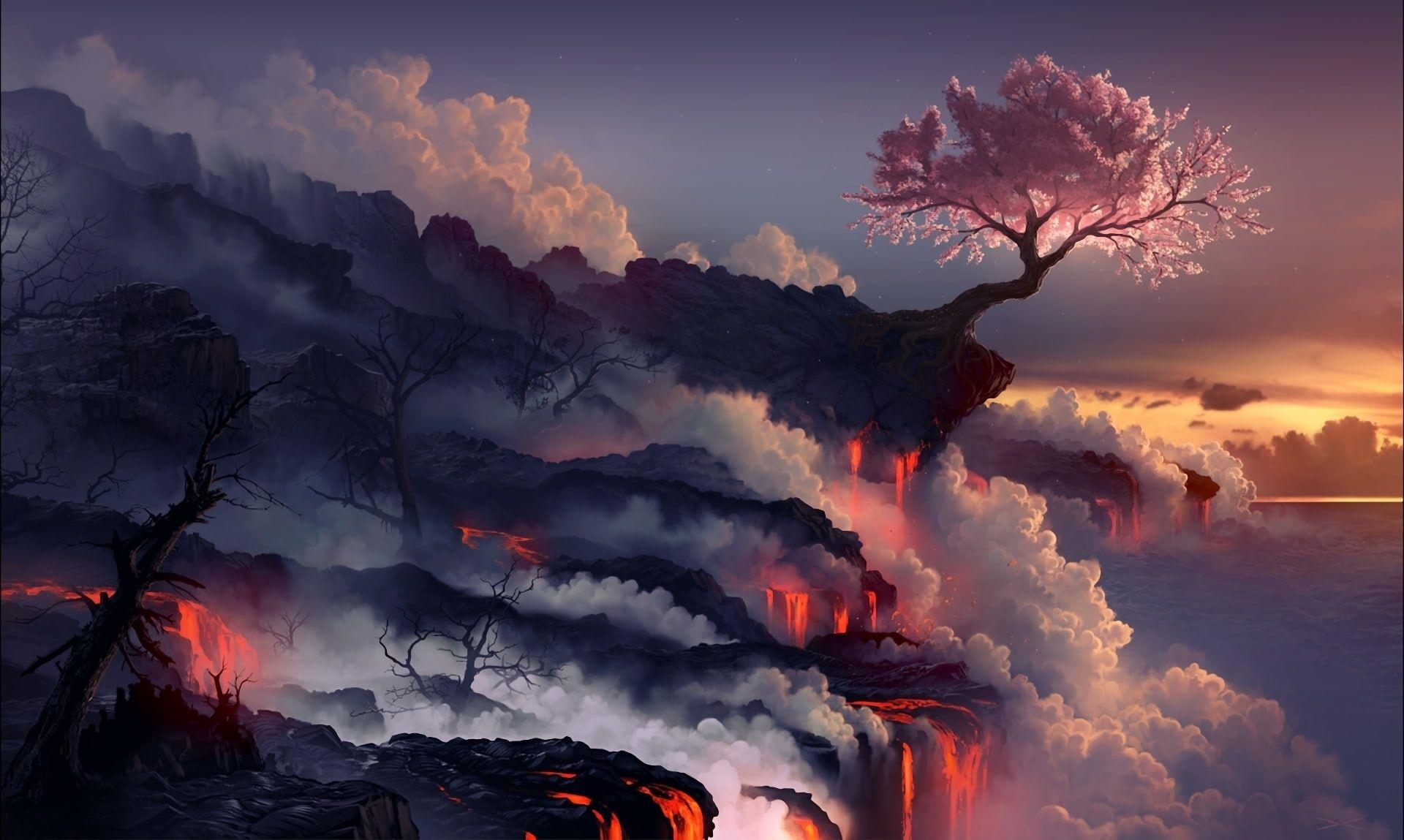 1920x1149 eruption #lava #volcano oriental cherry #tree P #wallpaper #hdwallpaper #desktop. Desktop wallpaper art, Japanese landscape, Tree wallpaper