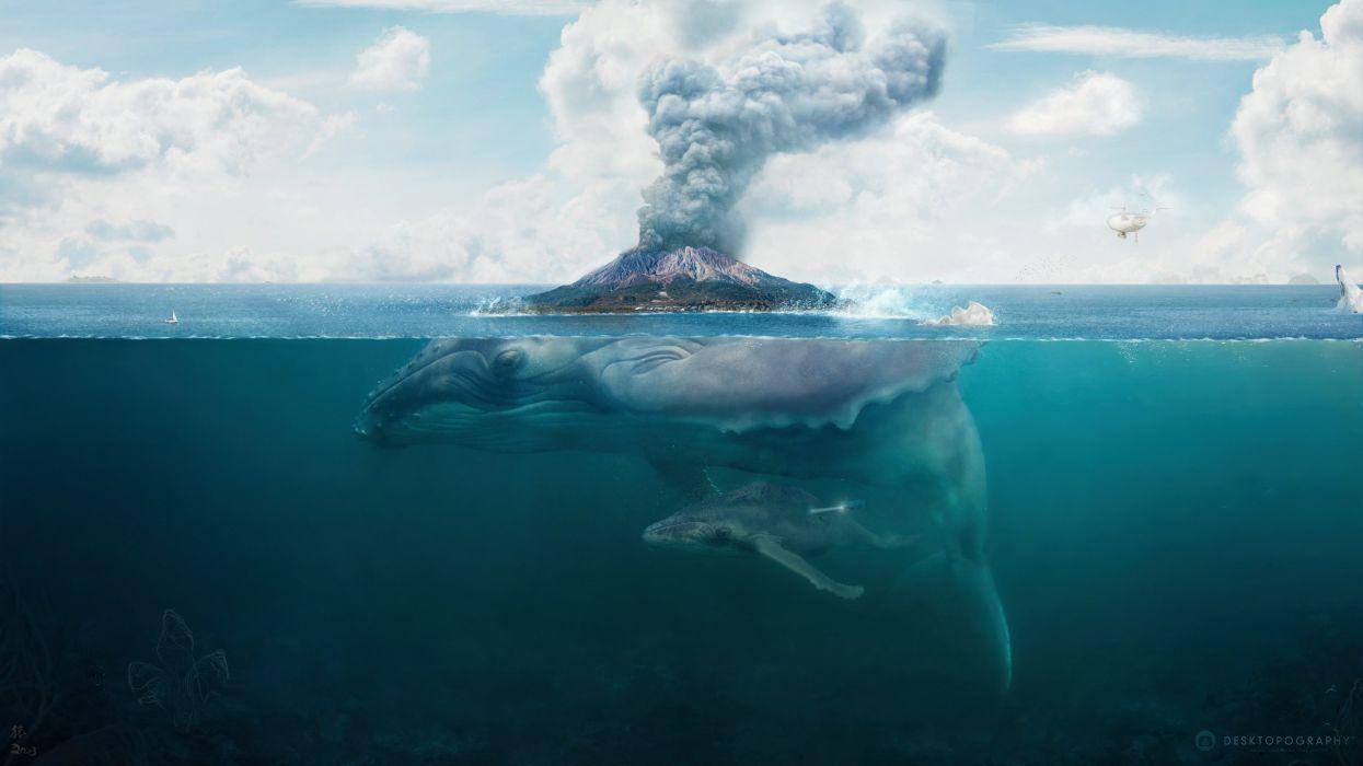 1245x700 Island hq wallpaper whale art volcano fantasy underwater ocean psychedelic wallpaperx1440