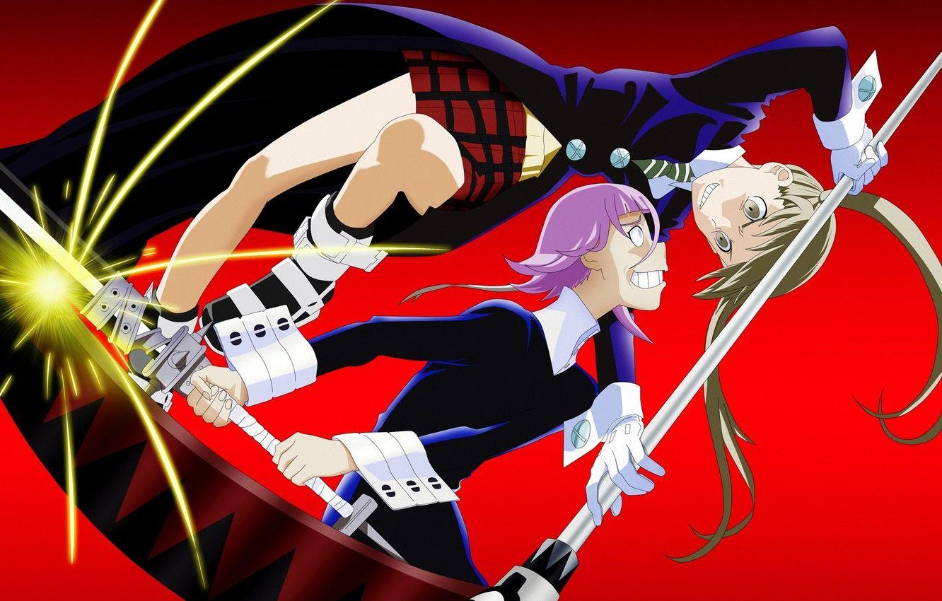 1332x850 Wallpaper weapons, girls, sword, anime, art, braid, the battle, soul eater, maka albarn, soul eater, drlinux, soul eater evans, chrona image for desktop, section прочее