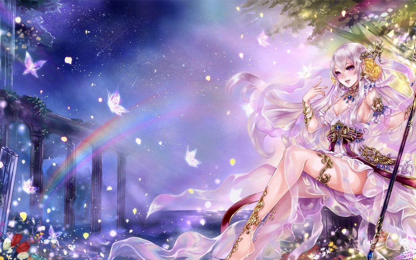 1440x900 Download 1440x900 Anime Girl, Fantasy, Butterflies, Staff, Magic, Landscape, Bridge, Rainbow, Nature Wallpaper for MacBook Pro 15 inch, MacBook Air 13 inch