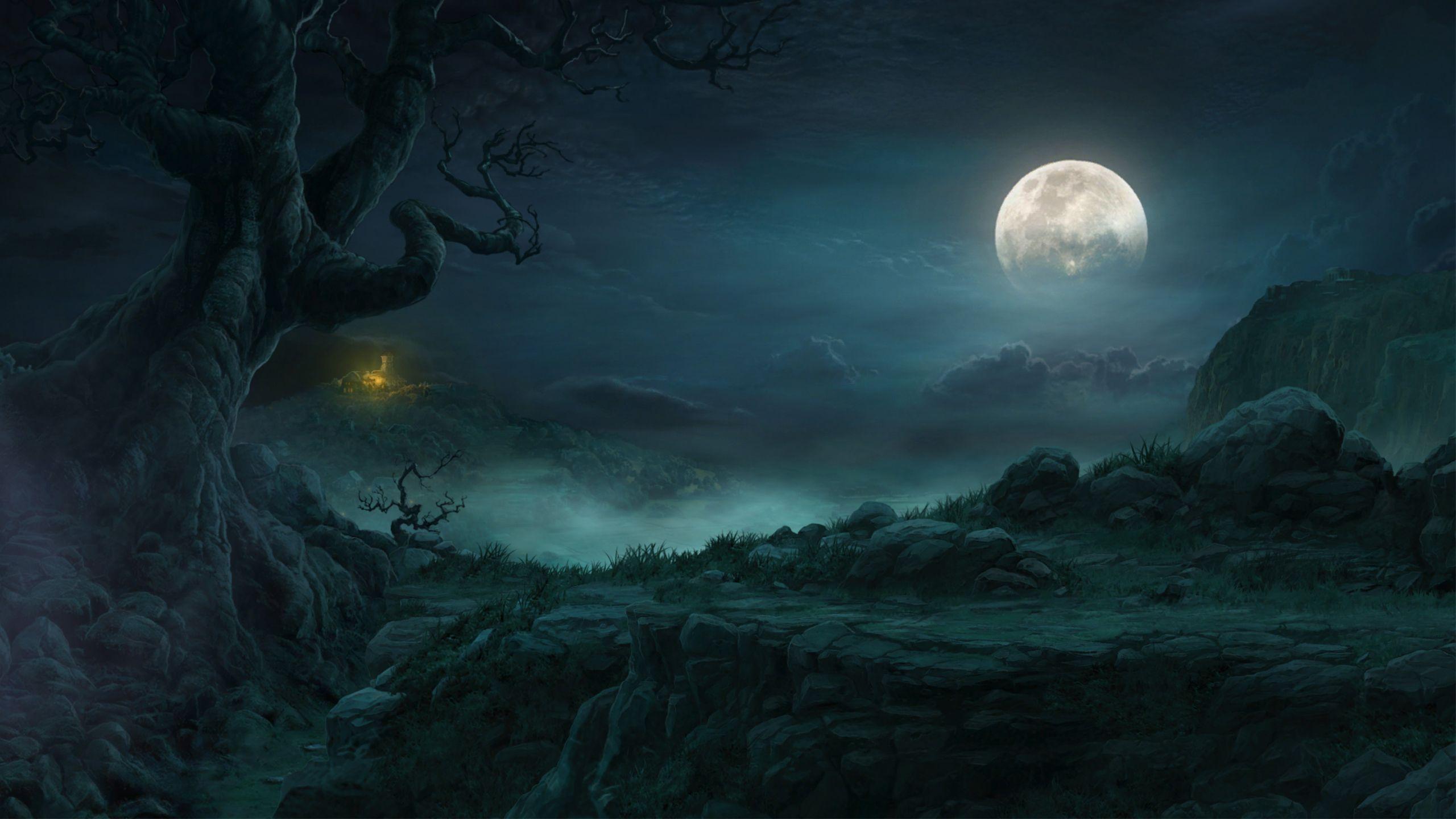 2560x1440 1440p Sci Fi Landscape Dark Blue Moon HD Wallpaper