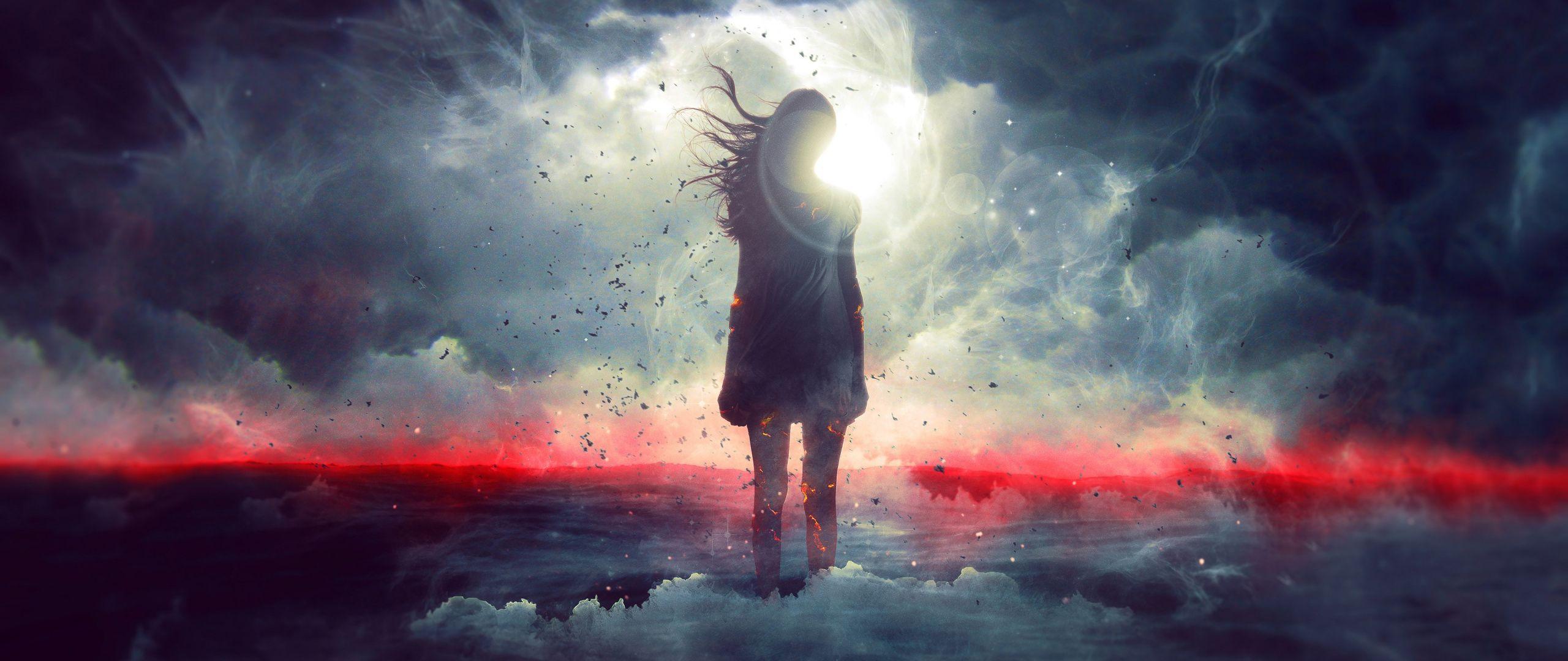 2560x1080 Download Woman, outdoor, surreal, fantasy, silhouette, clouds, art wallpaper, 2560x Dual Wide, Widescreen