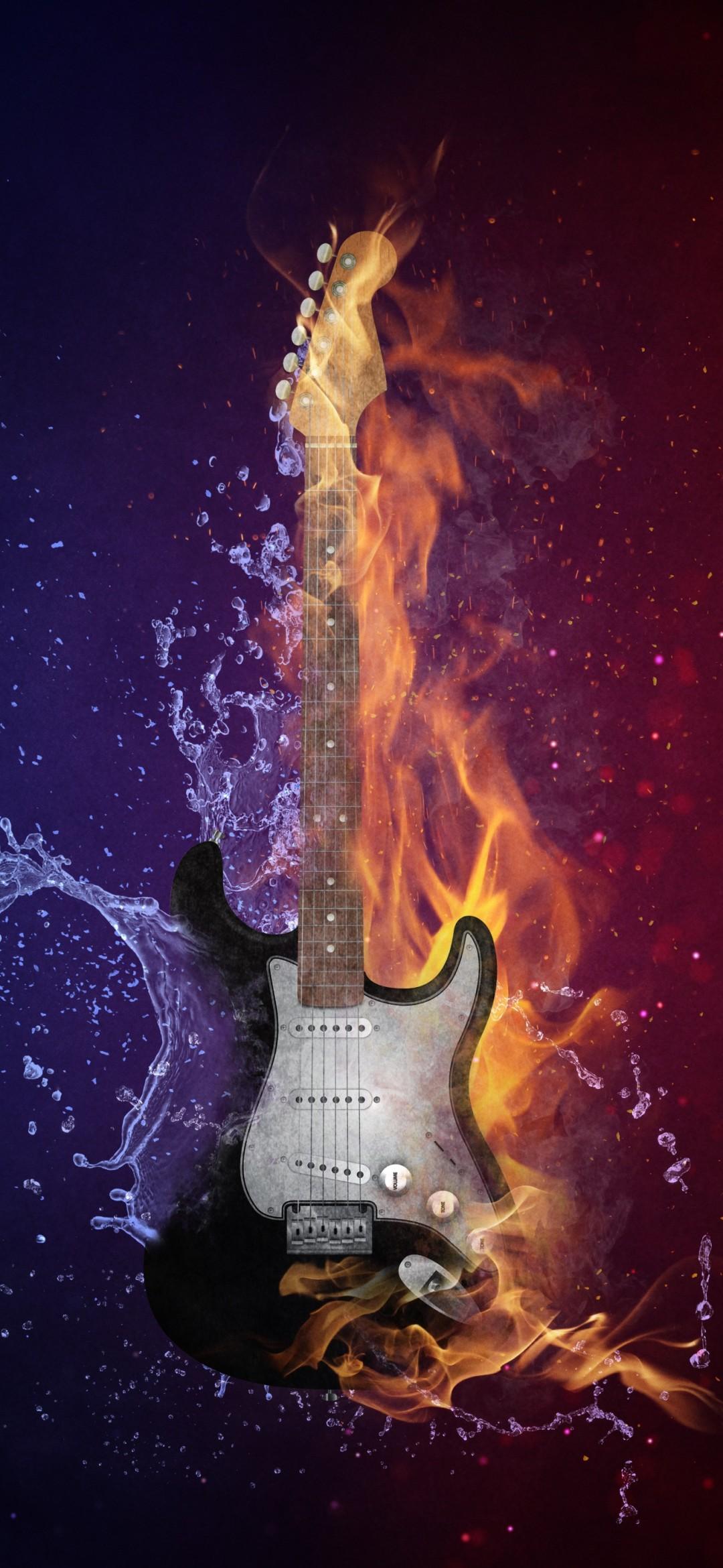 1080x2340 Electric Guitar 4K Wallpaper, Instrument, Dark background, Fire, Water, Purple, Violet, 5K, Photography