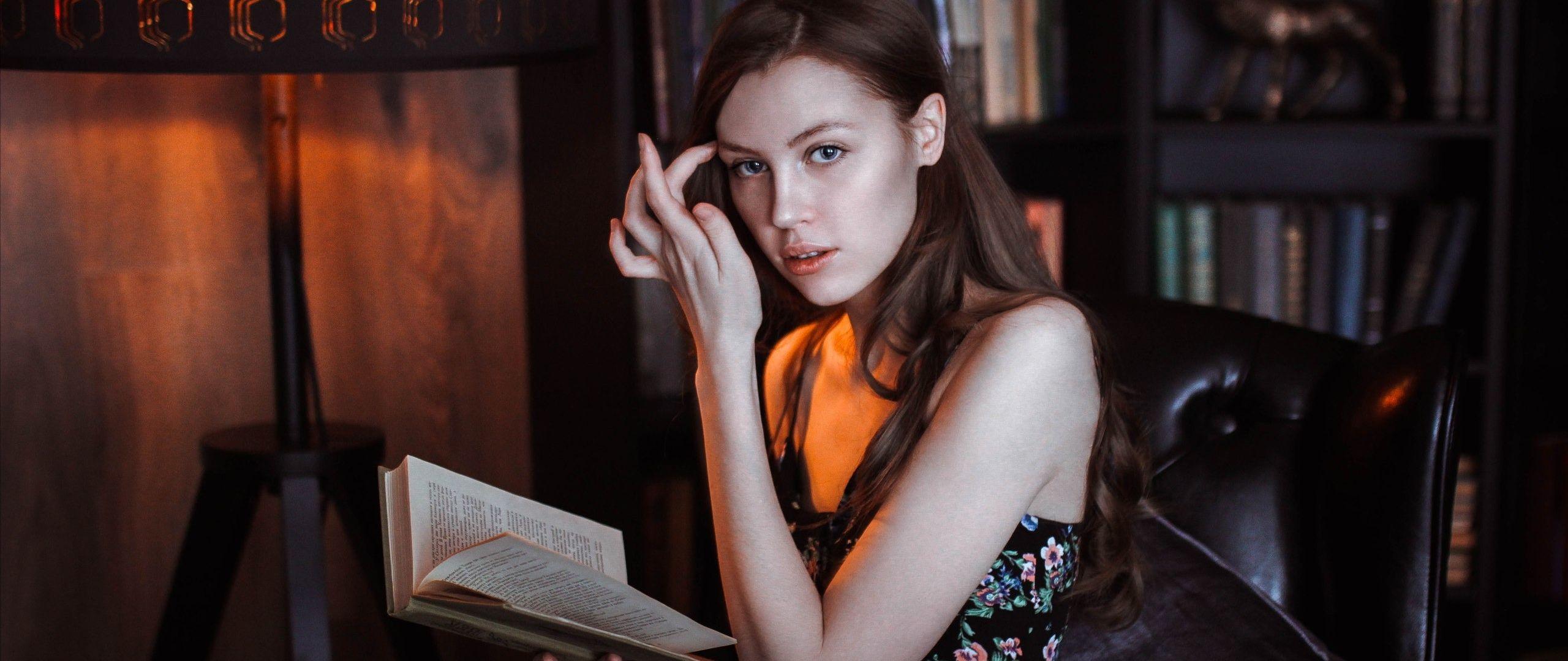 2560x1080 Download 2560x1080 wallpaper brunette, woman, cute look, reading book, dual wide, widescreen, 2560x1080 HD image, background, 3105