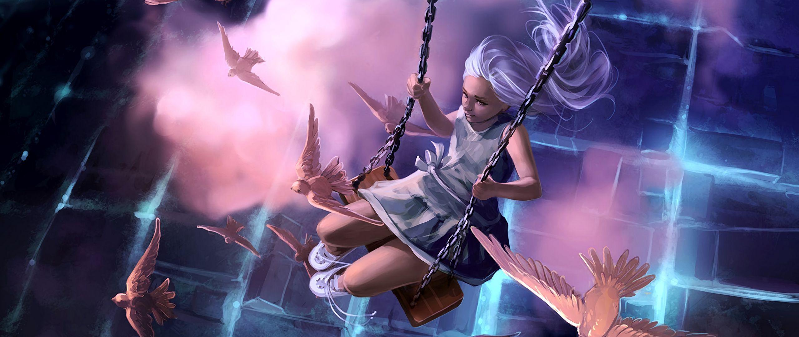 2560x1080 Download wallpaper 2560x1080 girl, swings, birds, art dual wide 1080p HD background