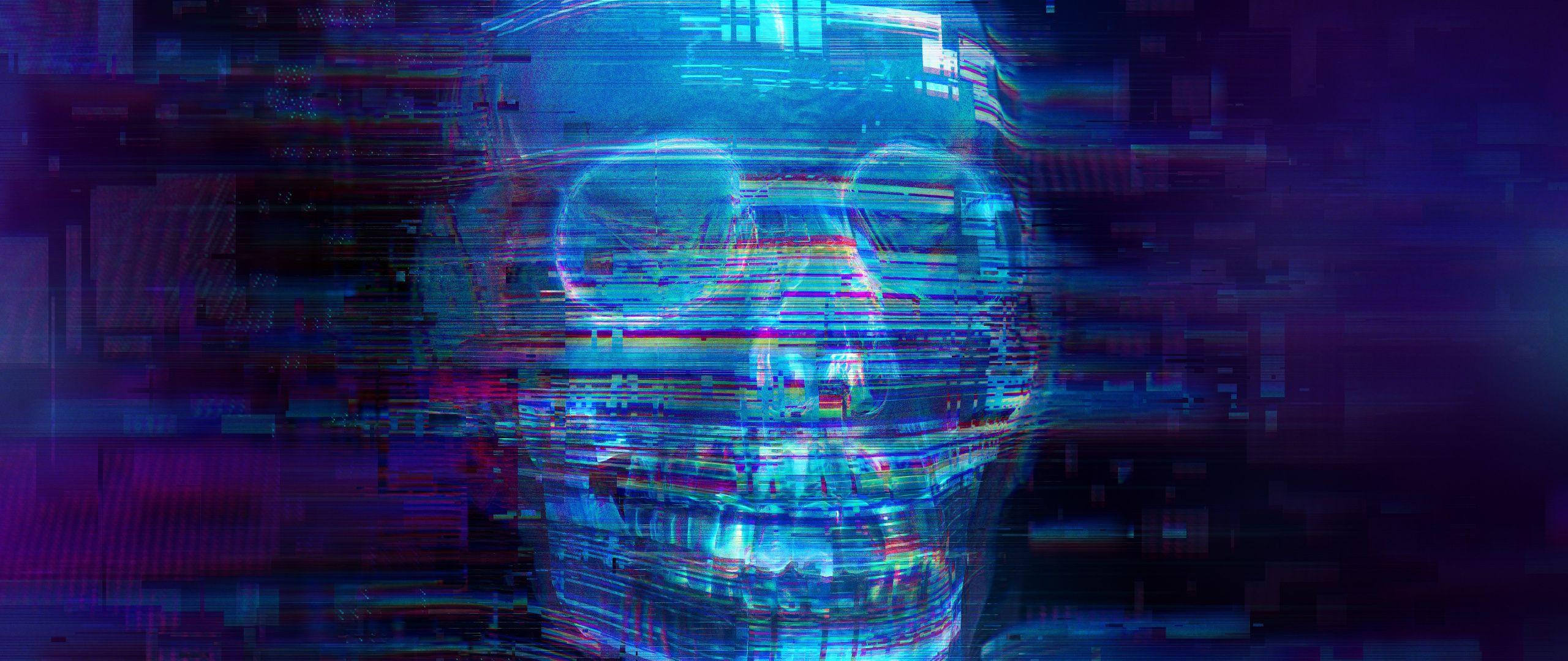 2560x1080 Download Skull, fear, glitch art, neon blue wallpaper, 2560x Dual Wide, Widescreen