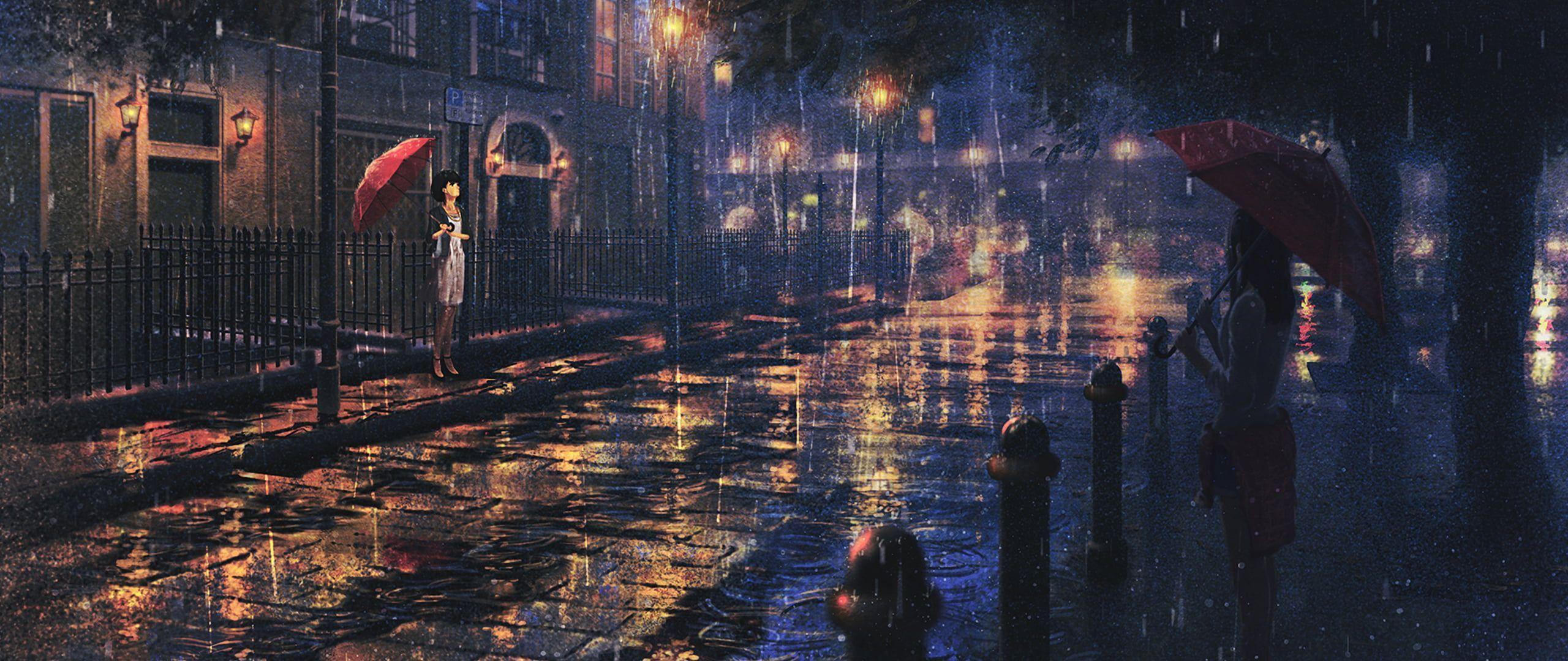 2560x1080 Painting of woman holding red umbrella while raining HD wallpaper. Painting, Cool paintings, Red umbrella