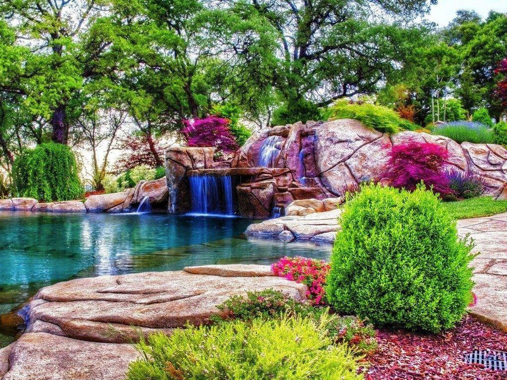 1024x768 Photography Relaxing Rocks Lake Water Place Quiet Nature Park Trees Waterfall Wallpaper For Mobile Wate. Dry garden design, Beautiful flowers garden, Dry garden