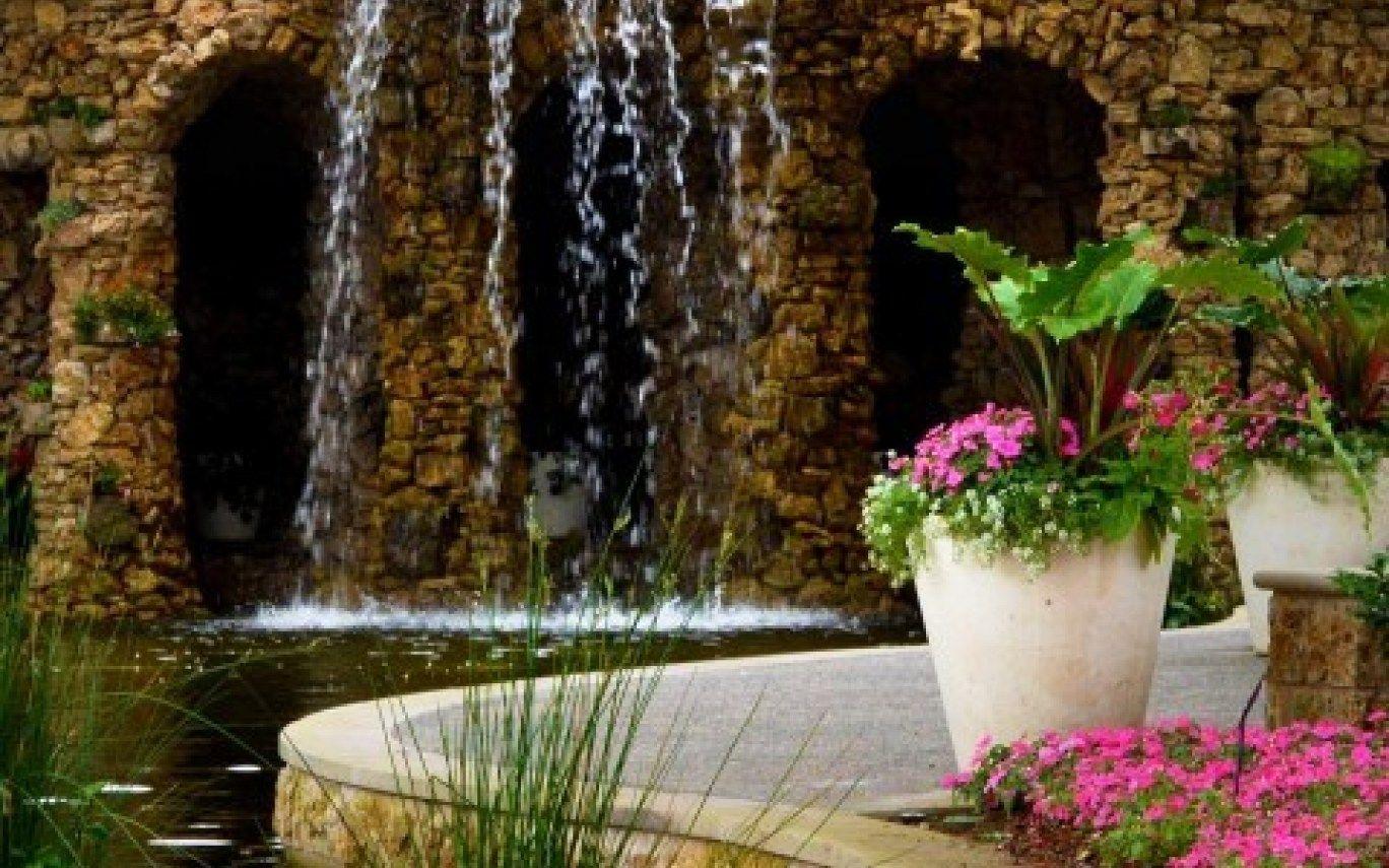 1368x855 Download Wallpaper Waterfall, Flower, Tree, Grass, HD Waterfall Garden Background Wallpaper & Background Download