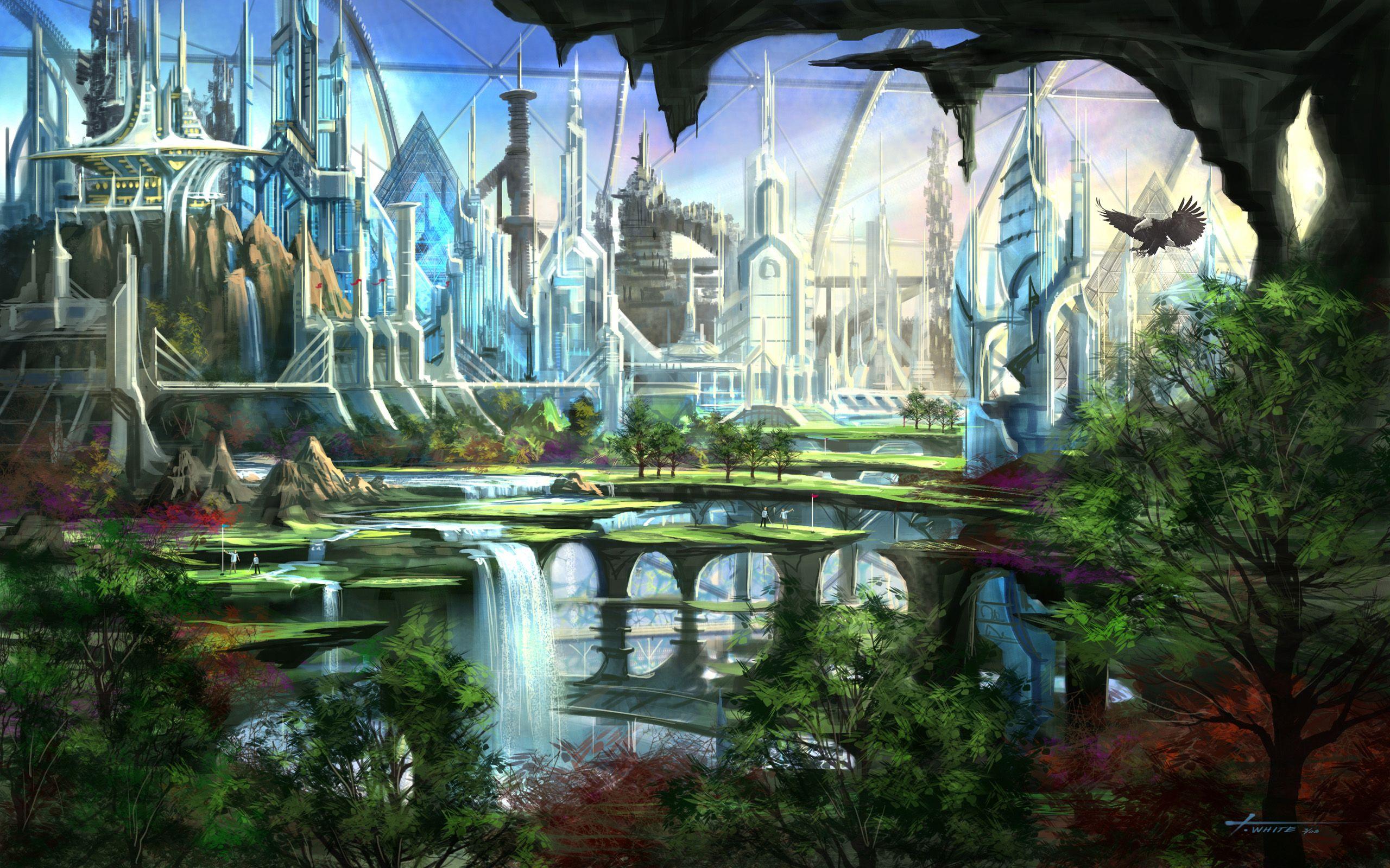 2560x1600 Cityscapes futuristic garden fantasy art waterfalls wallpaperx1600