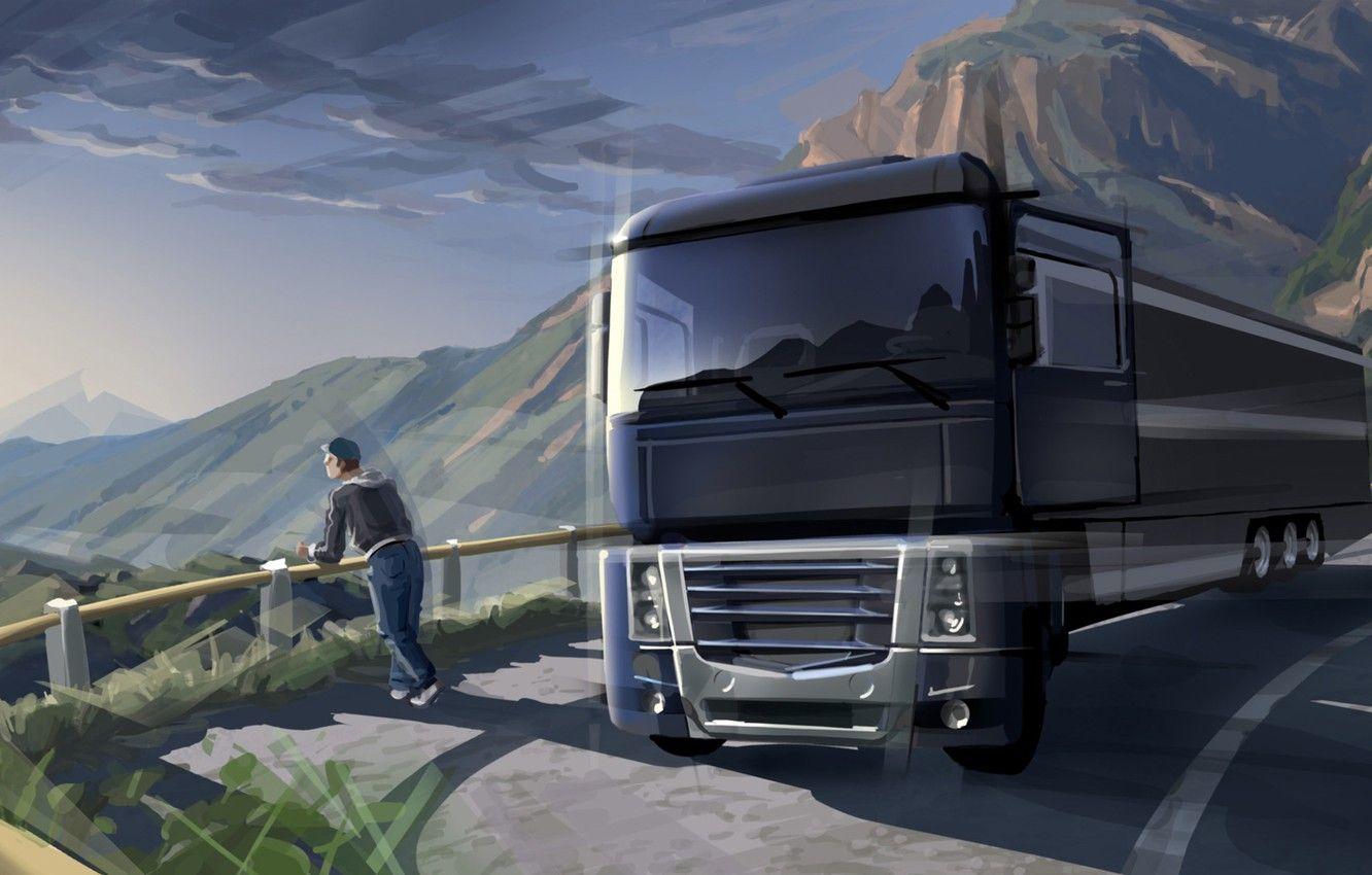 1332x850 Wallpaper road, markup, stay, art, van, car, painting, nature, trailer, tractor, cargo, the truck, contemplation, mountains., euro truck, trucker image for desktop, section живопись