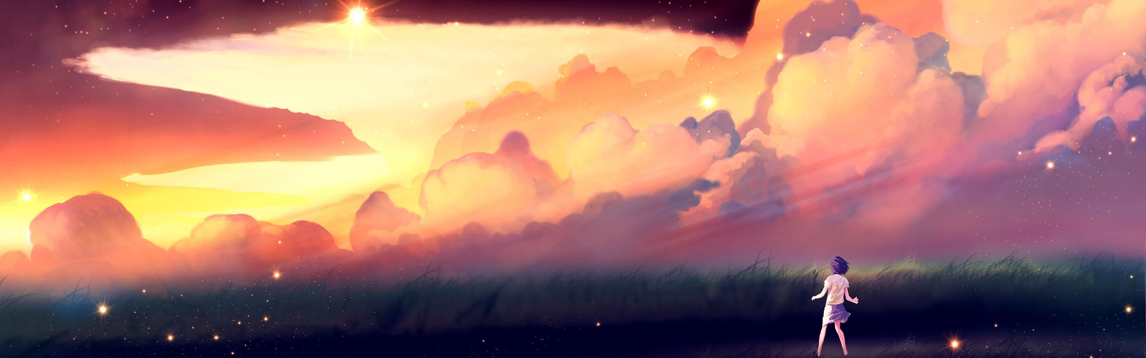 3840x1200 Wallpaper Stars, clouds, grass, anime girl 3840x2160 UHD 4K Picture, Image
