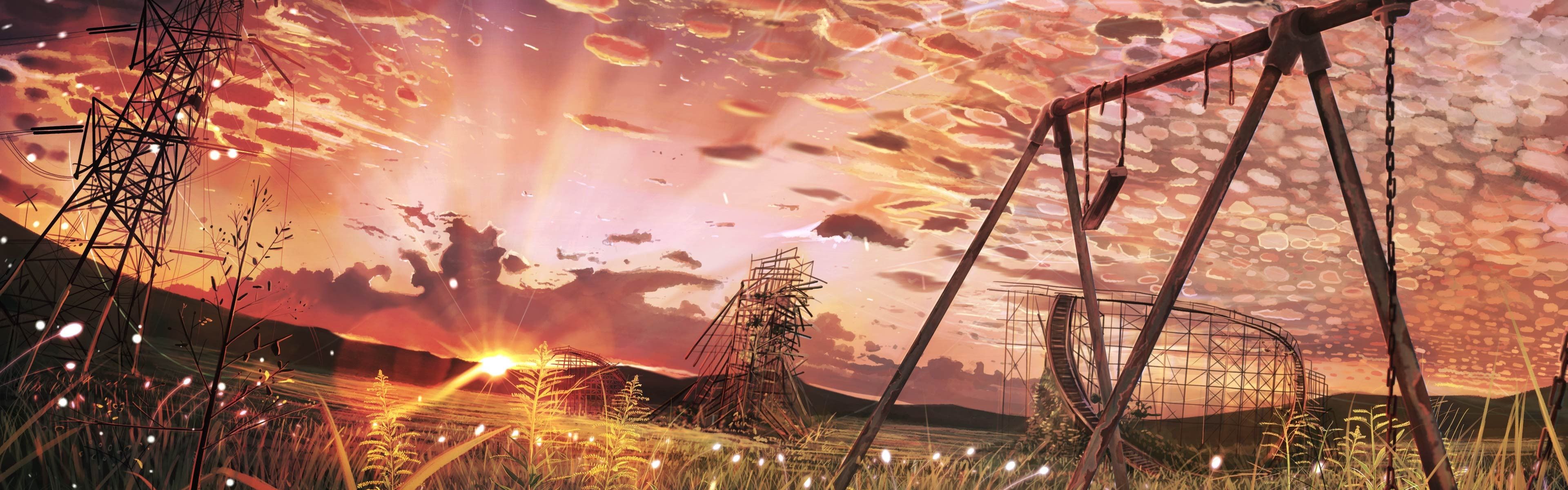 3840x1200 Wallpaper Sunset, grass, swing, sky, clouds, power line, anime 3840x2160 UHD 4K Picture, Image