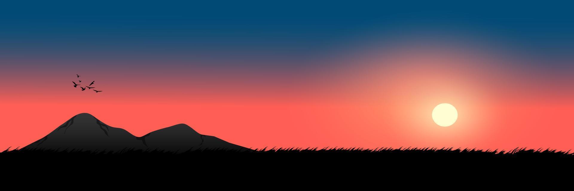 1920x640 graphics drawing landscape view outdoor of sunset with grass on the ground for wallpaper background vector illustration