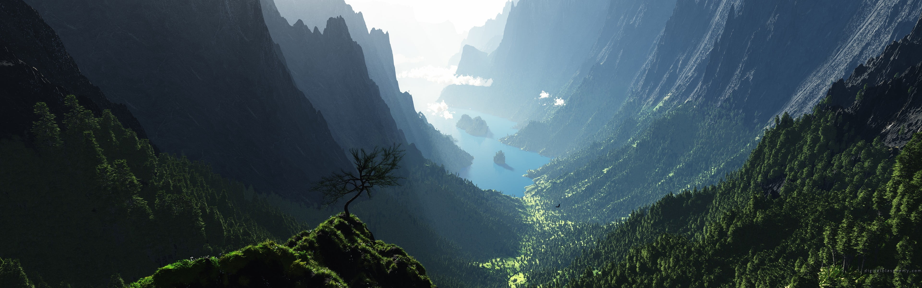 3840x1200 Green forest graphic wallpaper, panorama, nature, landscape, 3D HD wallpaper