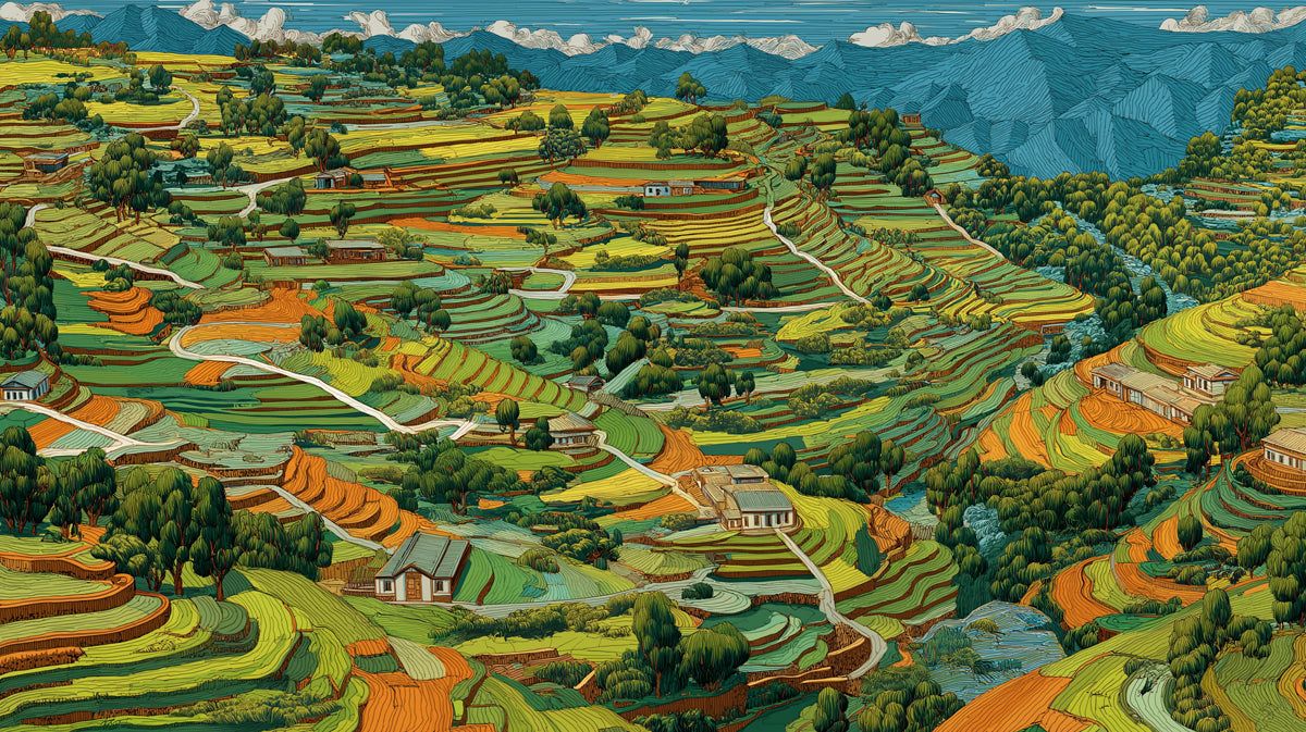 1200x673 Terraced Mountain Landscape Mural Wallpaper in Earthy Tones
