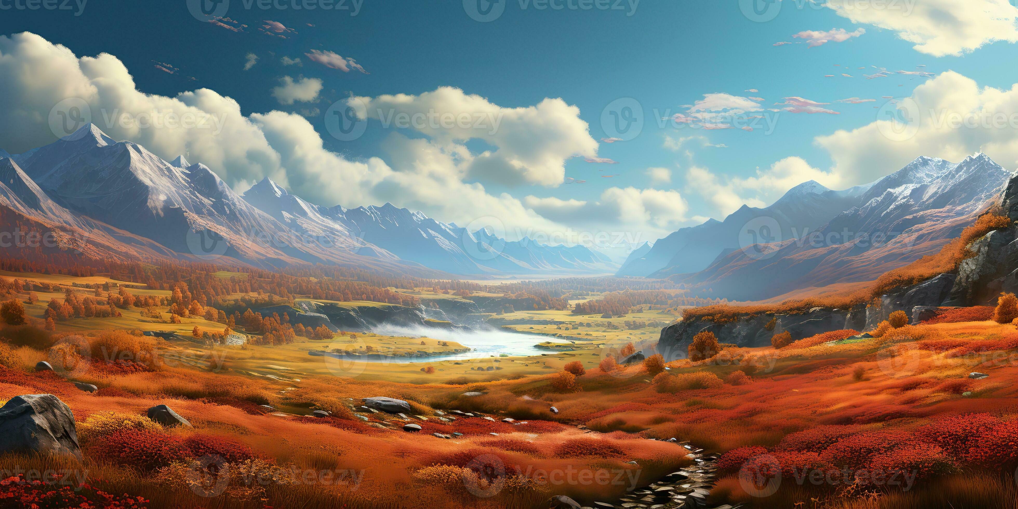 3919x1960 AI Generated. AI Generative. Nature outdoor fall autumn landscape background with mountains and field forest. Graphic Art