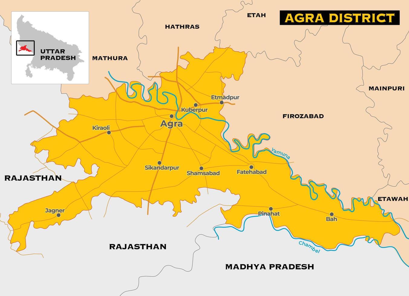 1353x980 Detailed map of Agra city is a city of India, with major roads