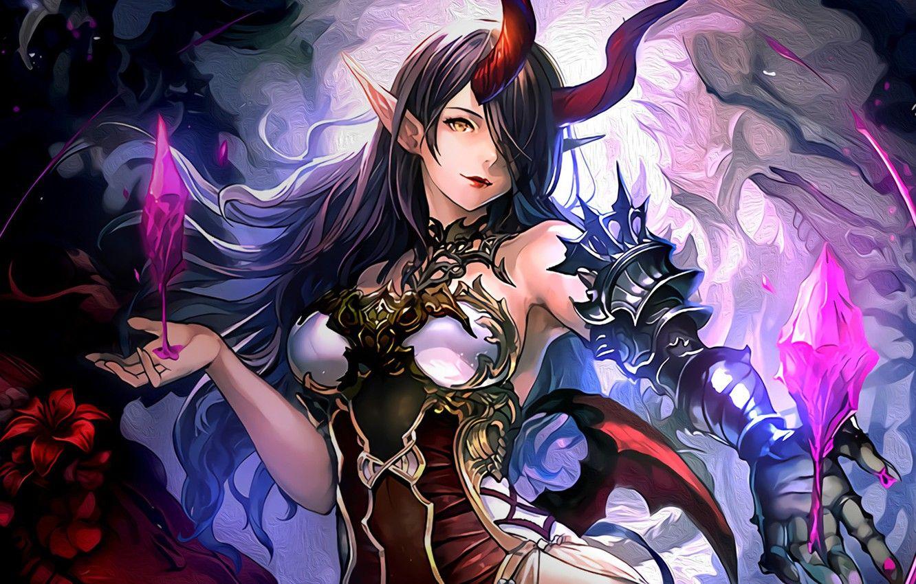 1332x850 Wallpaper girl, horns, anime, brunette, anime girl, Belphegor, pointy ears, Shingeki no Bahamut, Shadowverse image for desktop, section сёнэн