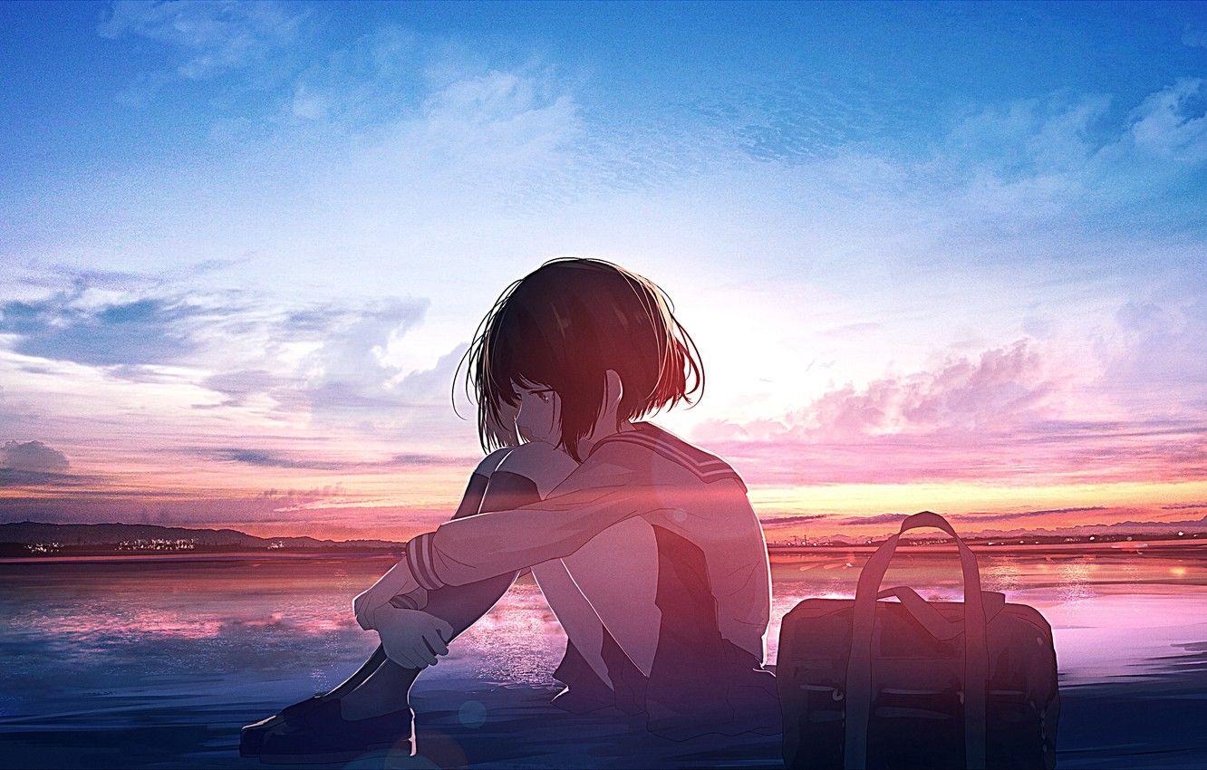 1332x850 Wallpaper sea, the sky, girl, school uniform, sad image for desktop, section арт