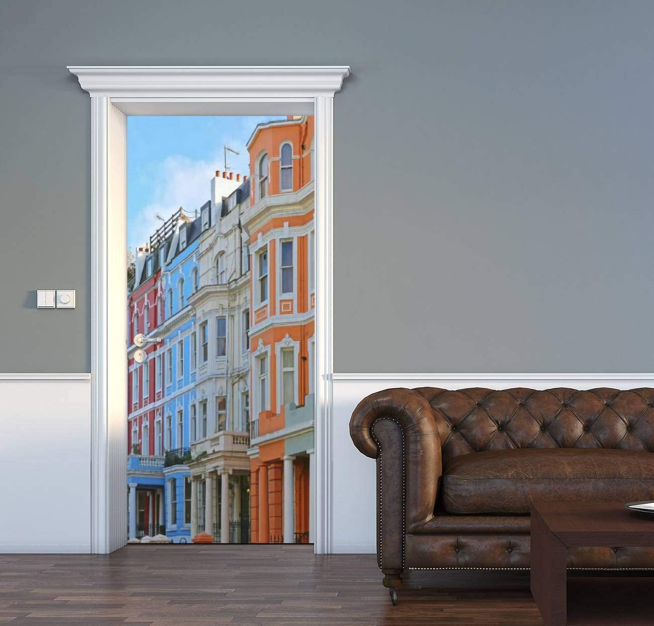 1300x1245 AceChic Door Decal Notting Hill Houses Colorful Facade 3D Door Sticker Removable Self Adhesive Vintage Wall Decal Mural Wallpaper for Home Decor 30.3 W x 78.7 H: Home & Kitchen