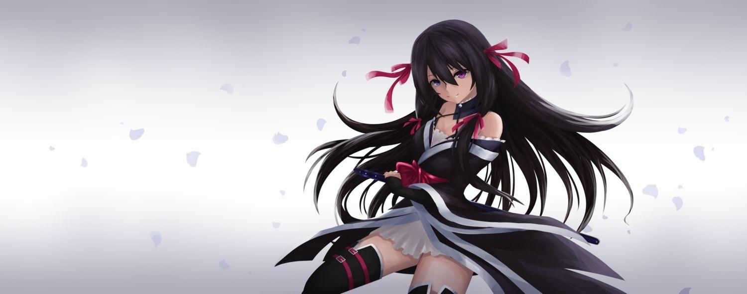 1500x590 Bicolored Eyes Black Hair Bow Dualscreen Kirihime Yoruka Polychromatic Saijaku Muhai No Bahamut Scal2let Skirt Thighhighs Third Party Edit Weapon Zettai Ryouiki. Konachan.com.com Anime Wallpaper