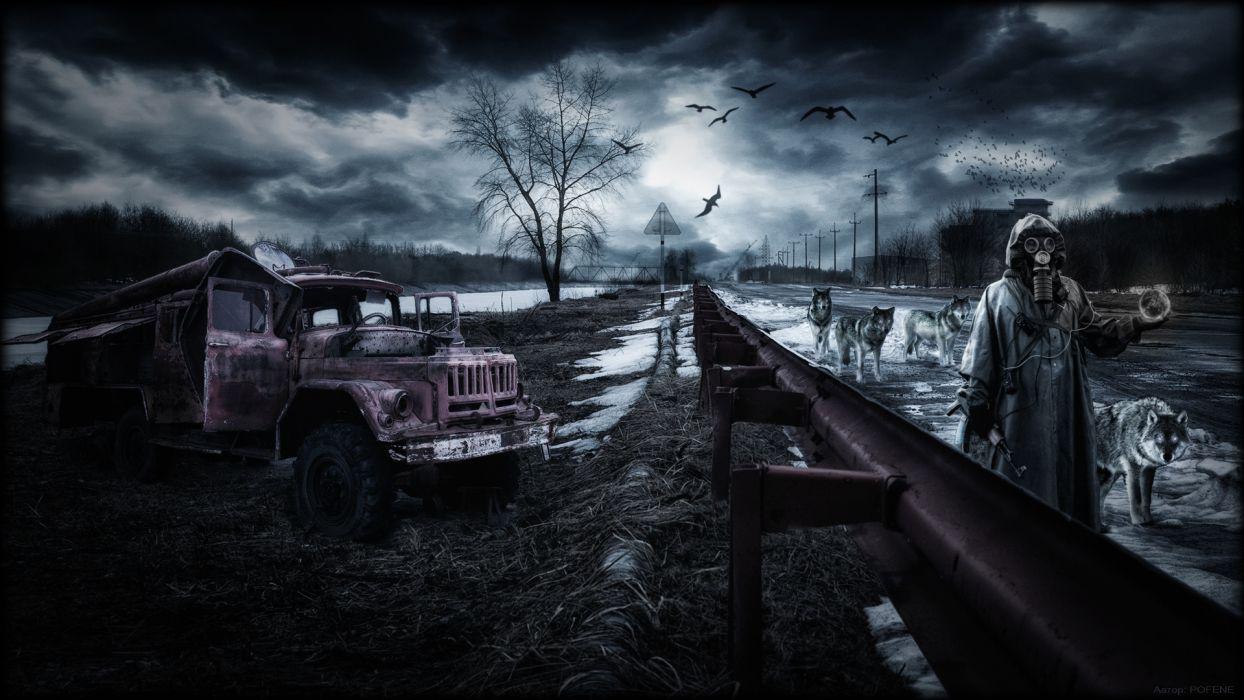 1244x700 Stalker pripyat chernobyl ukraine rain area night wolf wolves apocalyptic dark wallpaperx1080