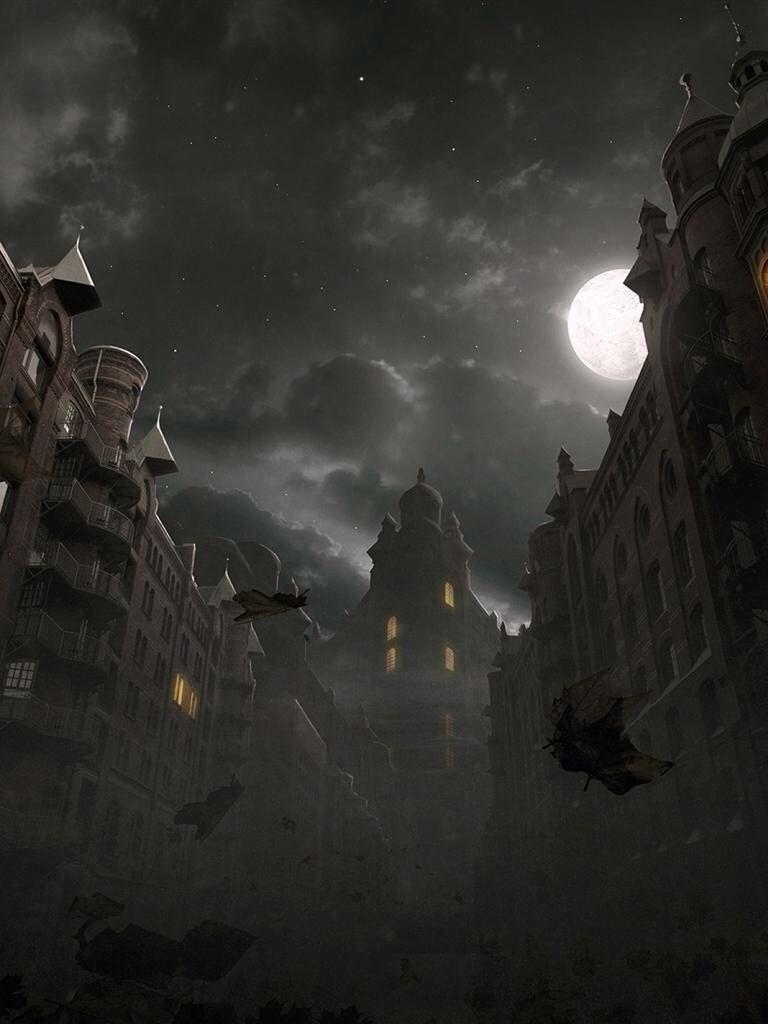 768x1024 Moon an dark night. Autumn scenes, Dark city, Building art