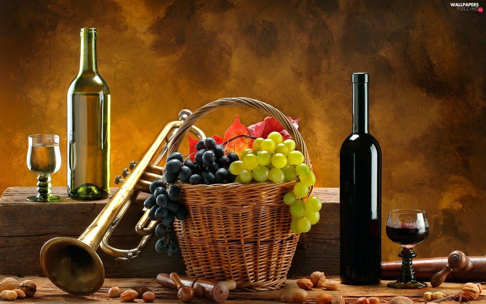1680x1050 Wine, trumpet, basket, grapes HD Wallpaper: 2367x1800