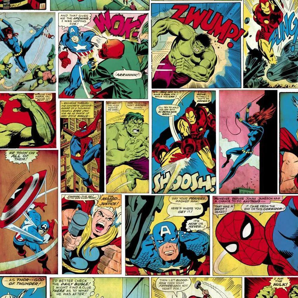 1000x1000 Muriva Marvel Comic Strip Wallpaper Hulk Captain America Spiderman Multicoloured