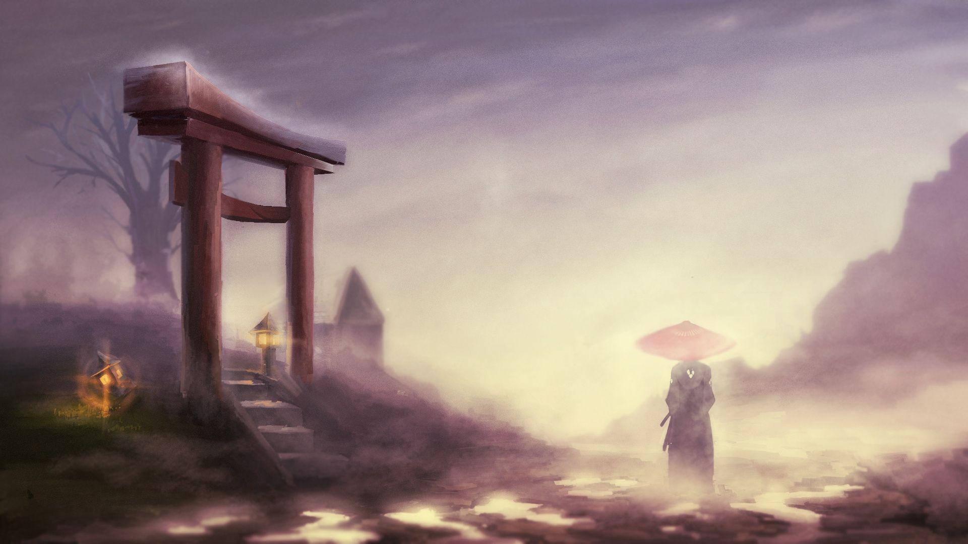 1920x1080 Download 1920x1080 Samurai Champloo, Jin, Shrine, Fog, Back View, Lantern Wallpaper for Widescreen