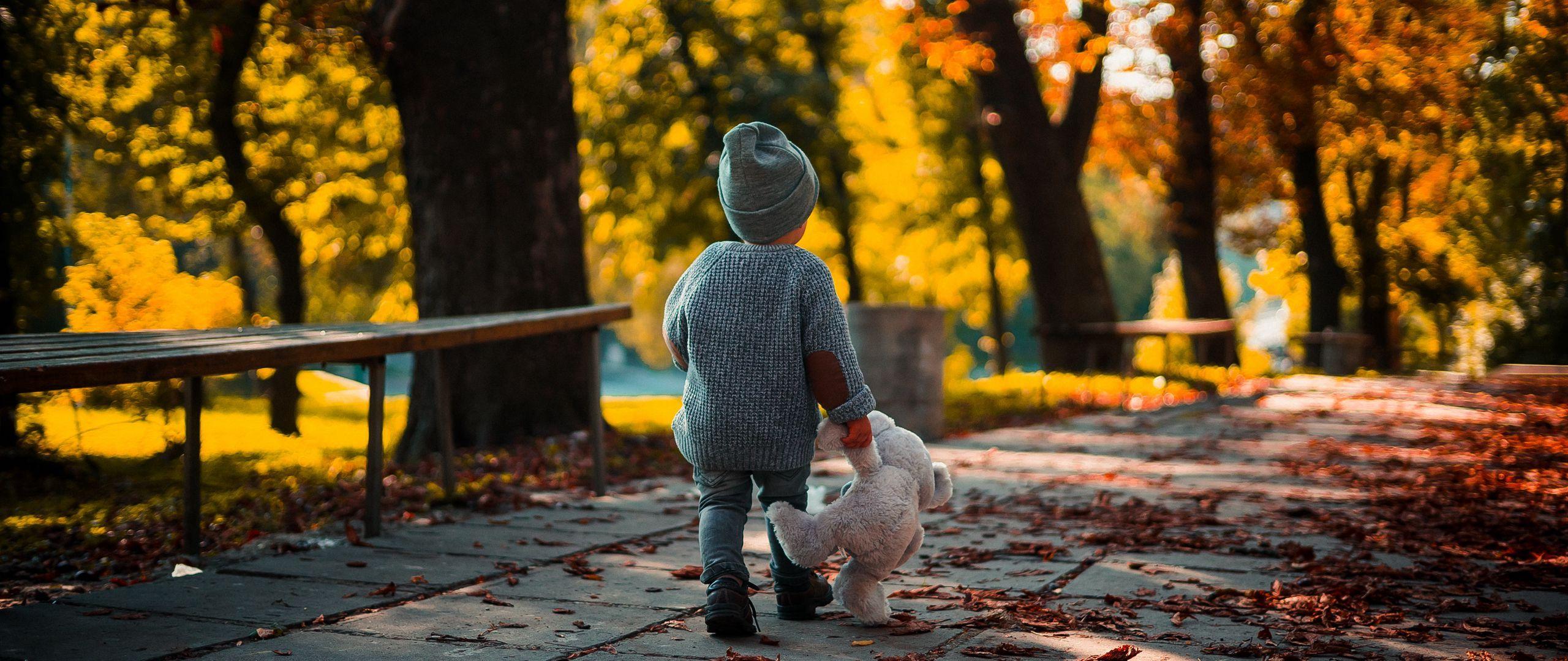2560x1080 Download wallpaper 2560x1080 child, teddy bear, autumn, walk dual wide 1080p HD background