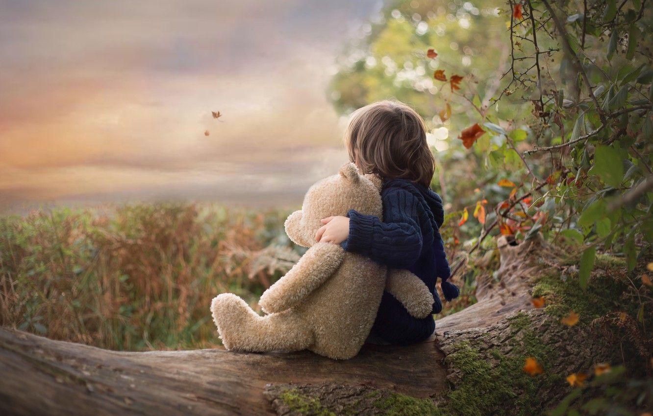1332x850 Wallpaper autumn, nature, toy, boy, bear, log, child, Teddy bear image for desktop, section настроения