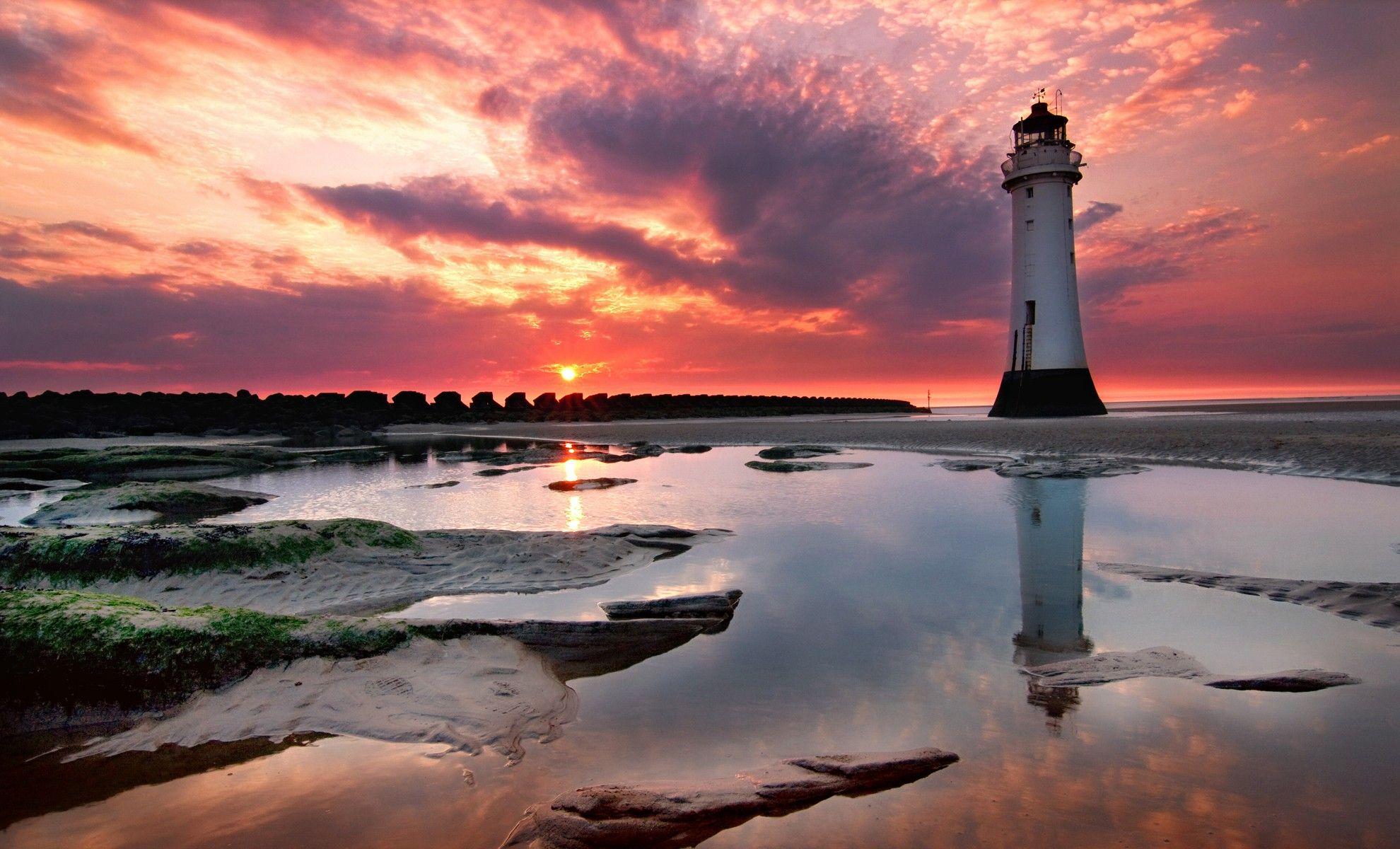 1980x1200 Sunset On Beach With Lighthouse HD Wallpaper
