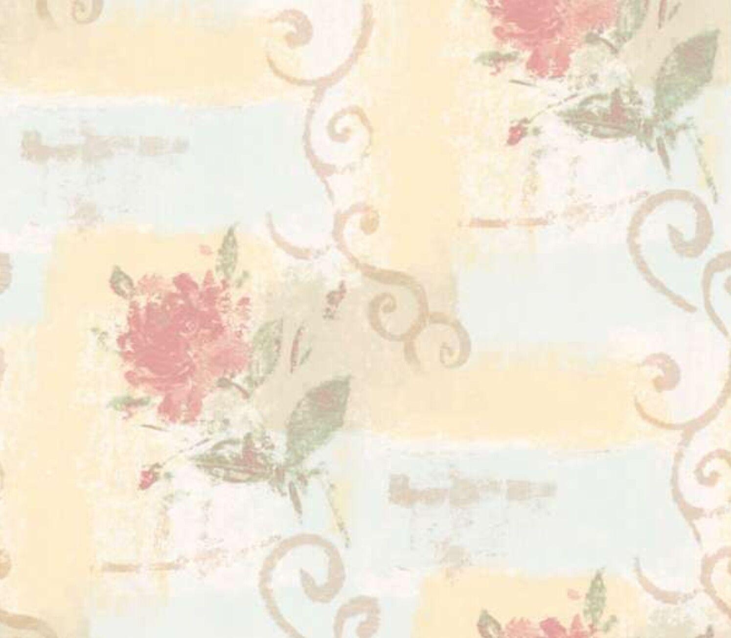 1494x1303 Wallpaper Watercolor Pastel Floral & Scrolls On Pale Blue and Cream Faux online