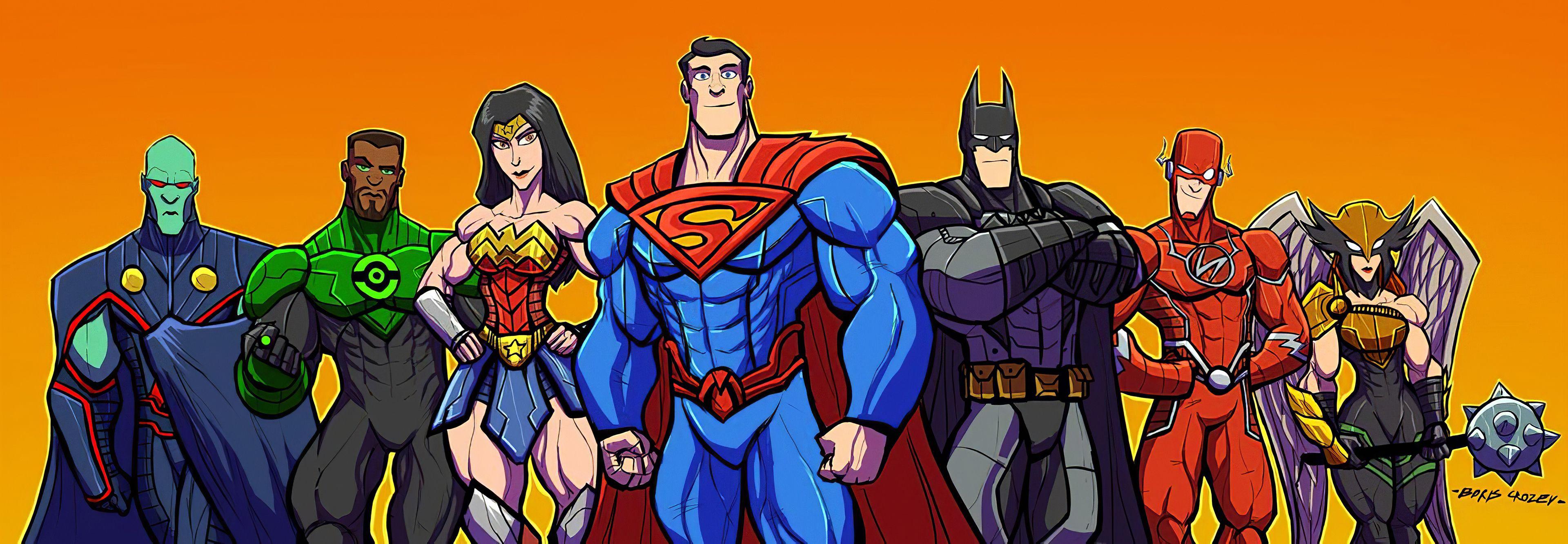 3840x1332 Justice League Heroes Cartoons, HD Superheroes, 4k Wallpaper, Image, Background, Photo and Picture