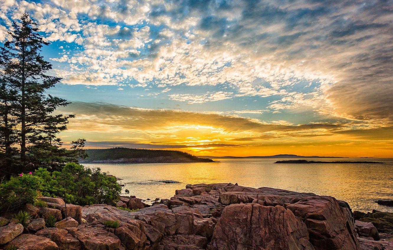 1332x850 Wallpaper USA, sky, trees, landscape, nature, water, mountains, clouds, rocks, sunrise, Maine, Mount Desert Island image for desktop, section пейзажи