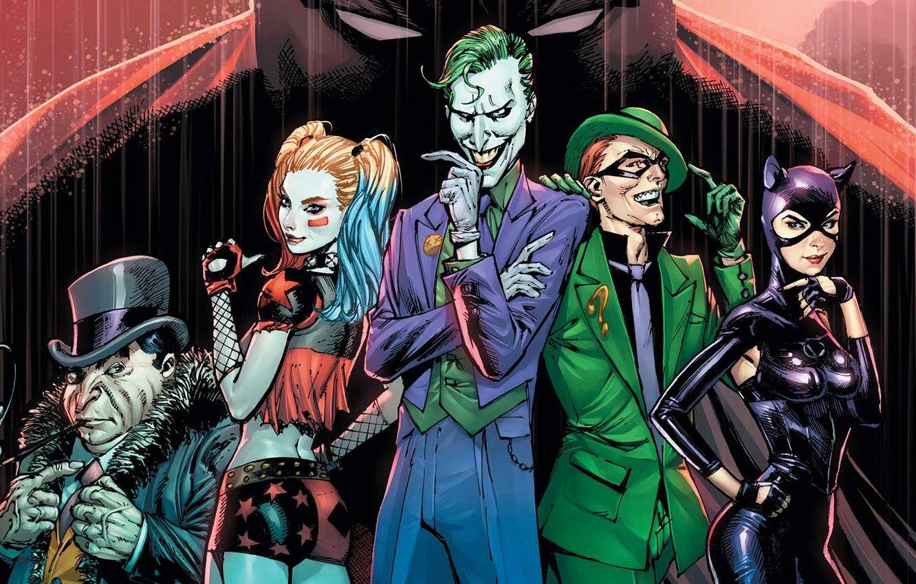 1332x850 Wallpaper fantasy, Batman, rain, Joker, comics, artwork, mask, Riddler, superheroes, costume, fantasy art, DC Comics, Catwoman, Harley Quinn, Penguin image for desktop, section фантастика