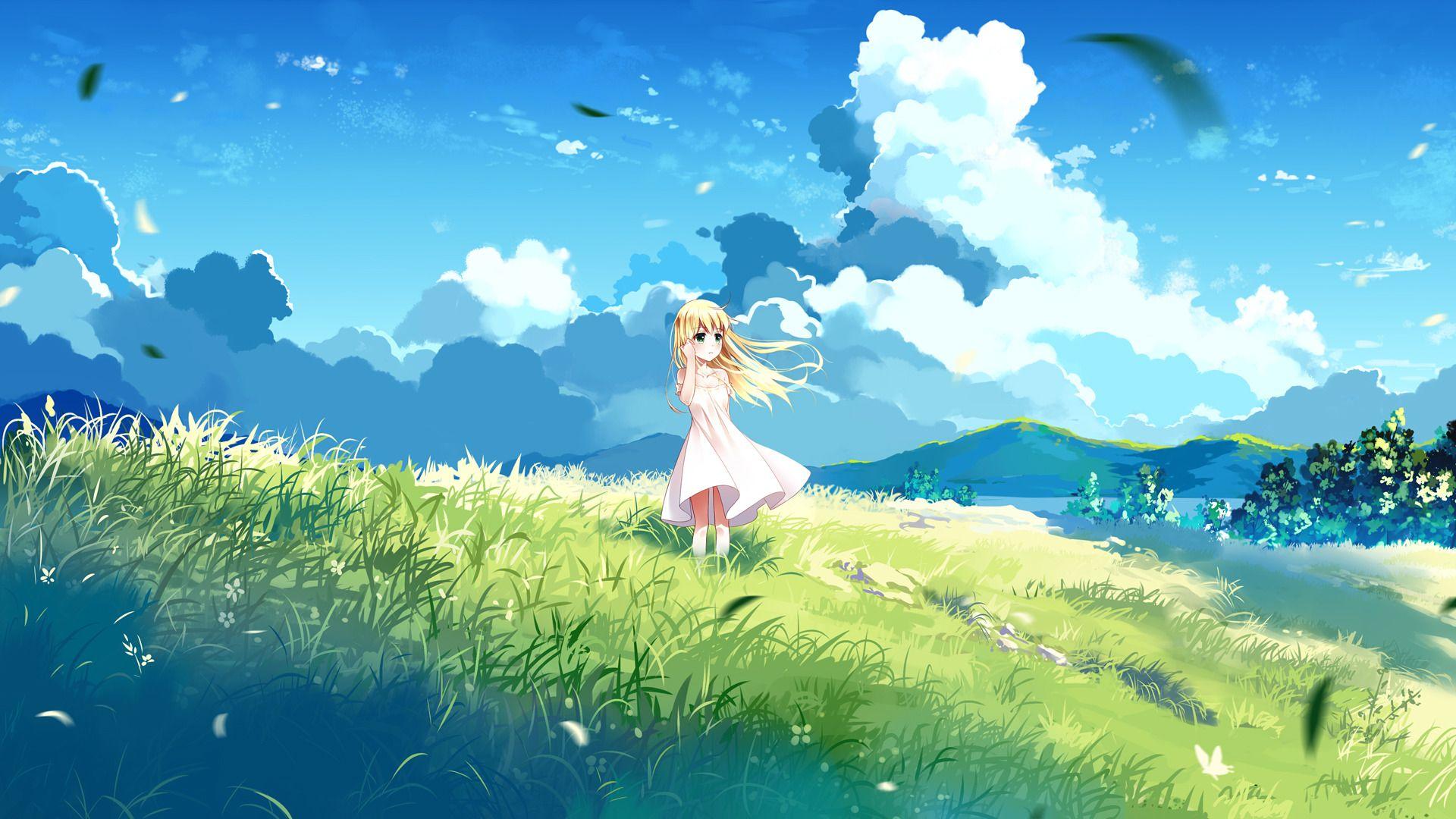 1920x1080 Desktop wallpaper landscape, blonde, anime girl, cute, HD image, picture, background, af01b2