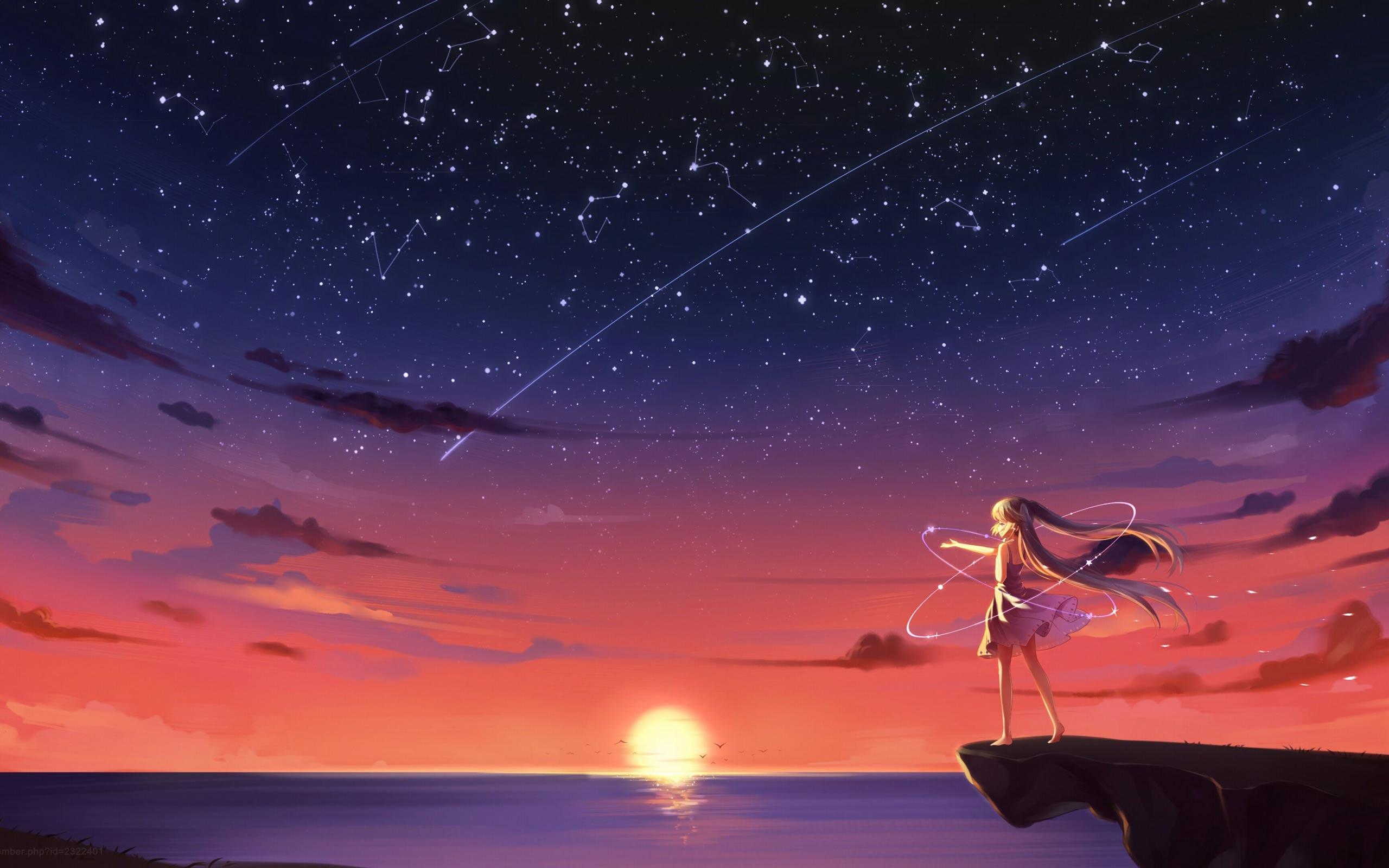 2560x1600 Anime Girl Landscape Sunset Wallpaper
